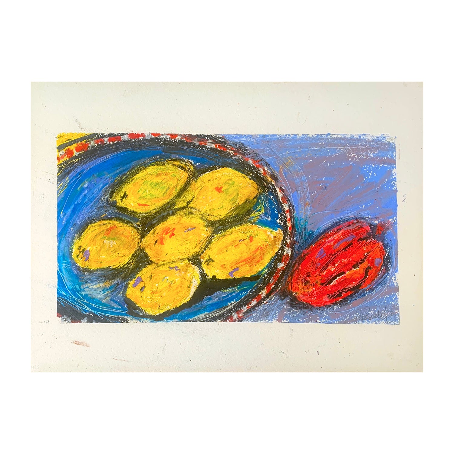 Original Oil Pastel Painting, a Still Life with Red Peppers and Lemons, 15 x 20 inches, by Patty Pendleton