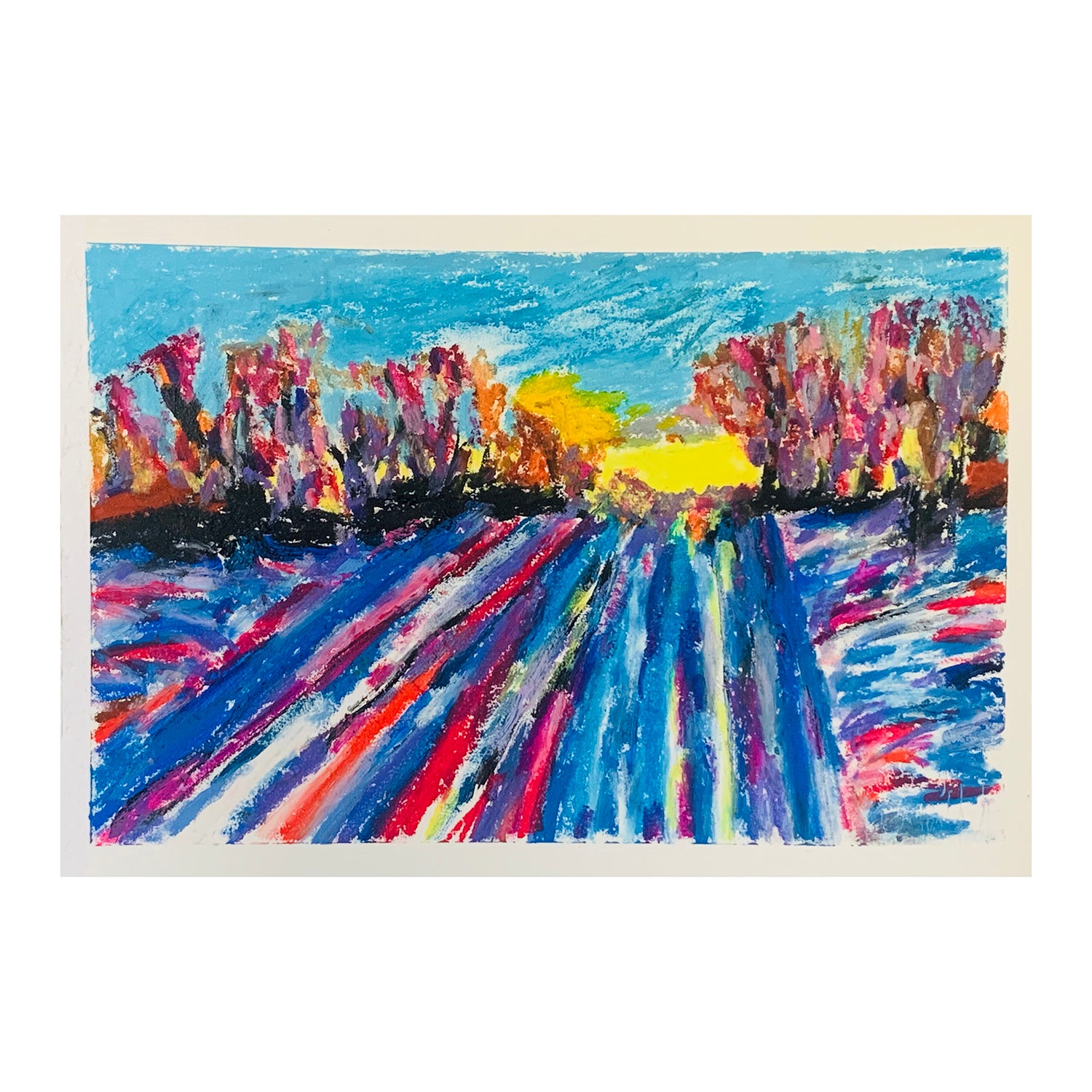 Original Oil Pastel Painting of a Sunset Landscape, 7.5 x 10.9 inches, by Patty Pendleton