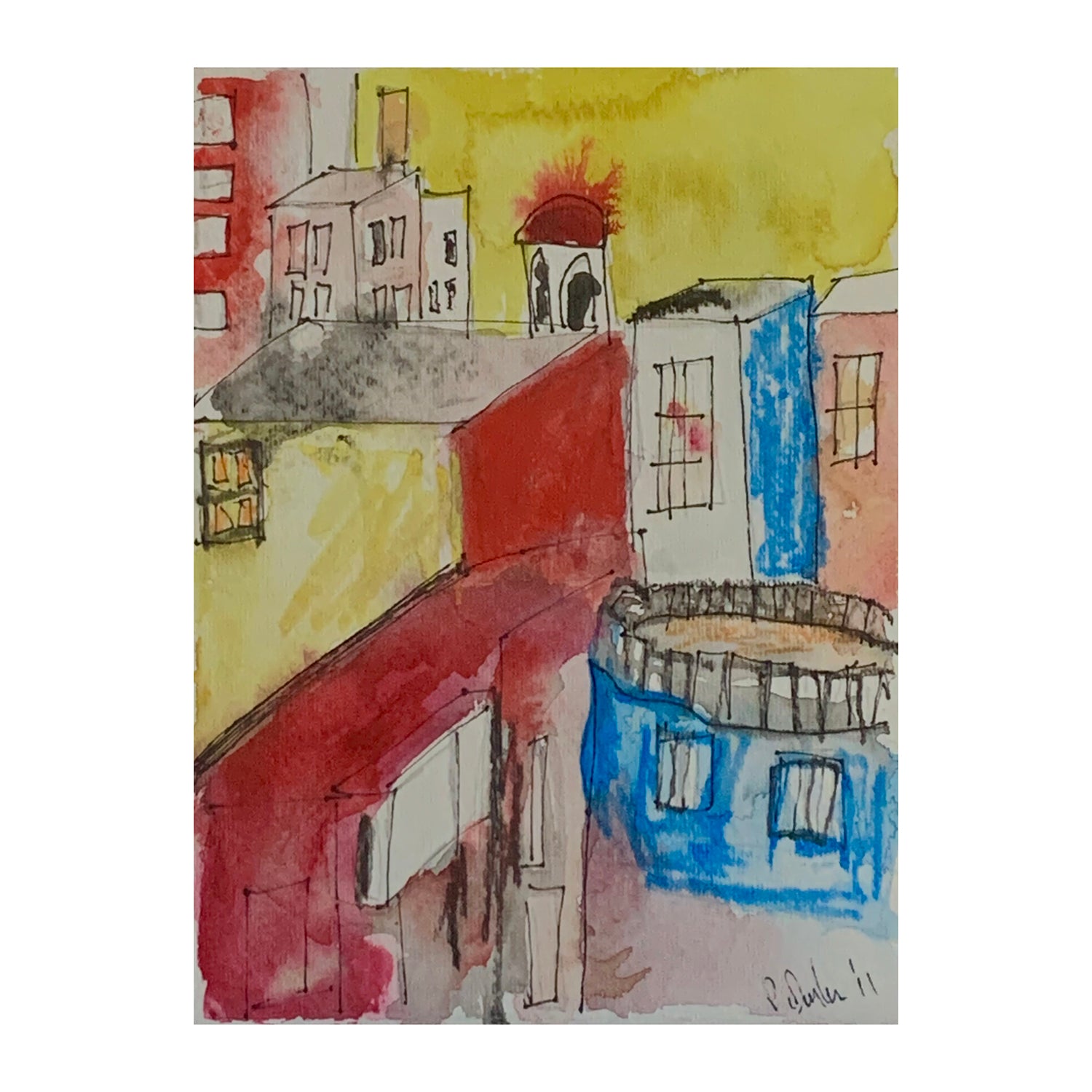 Original Mixed Media Painting of a Cityscape, 4.9 x 6.2 inches, by Patty Pendleton