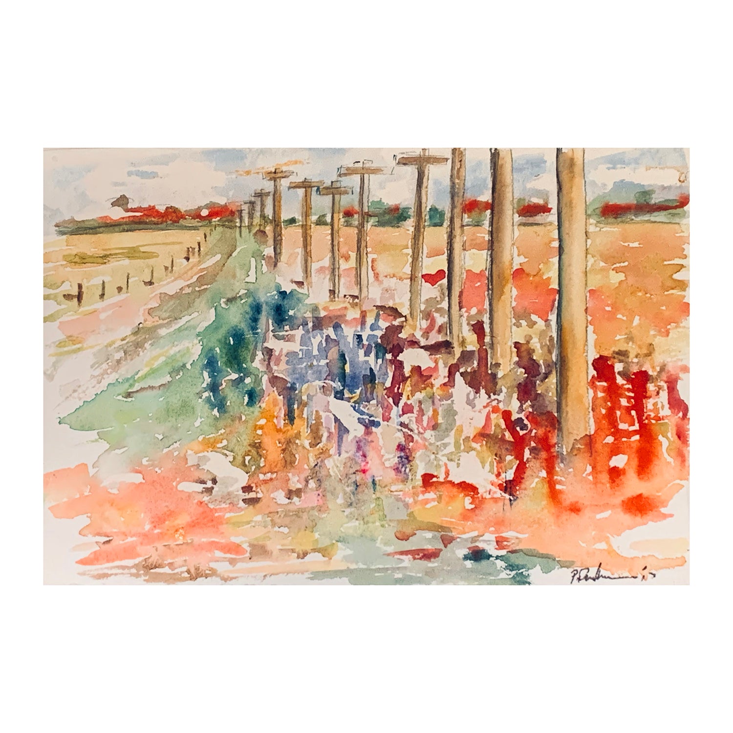 Original Mixed Media Painting of a Country Road Landscape, 7.6 x 11.25 inches, by Patty Pendleton