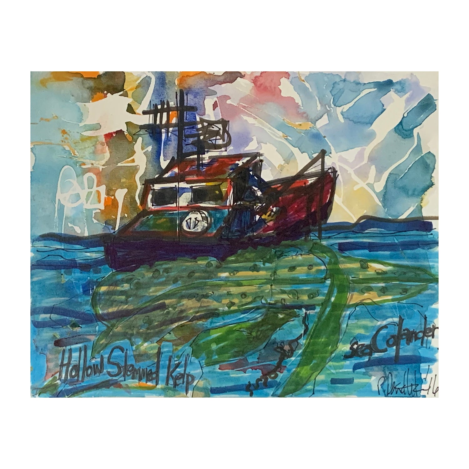 Original Mixed Media Painting of a Fishing Boat Oceanscape, 8 x 10 inches, by Patty Pendleton