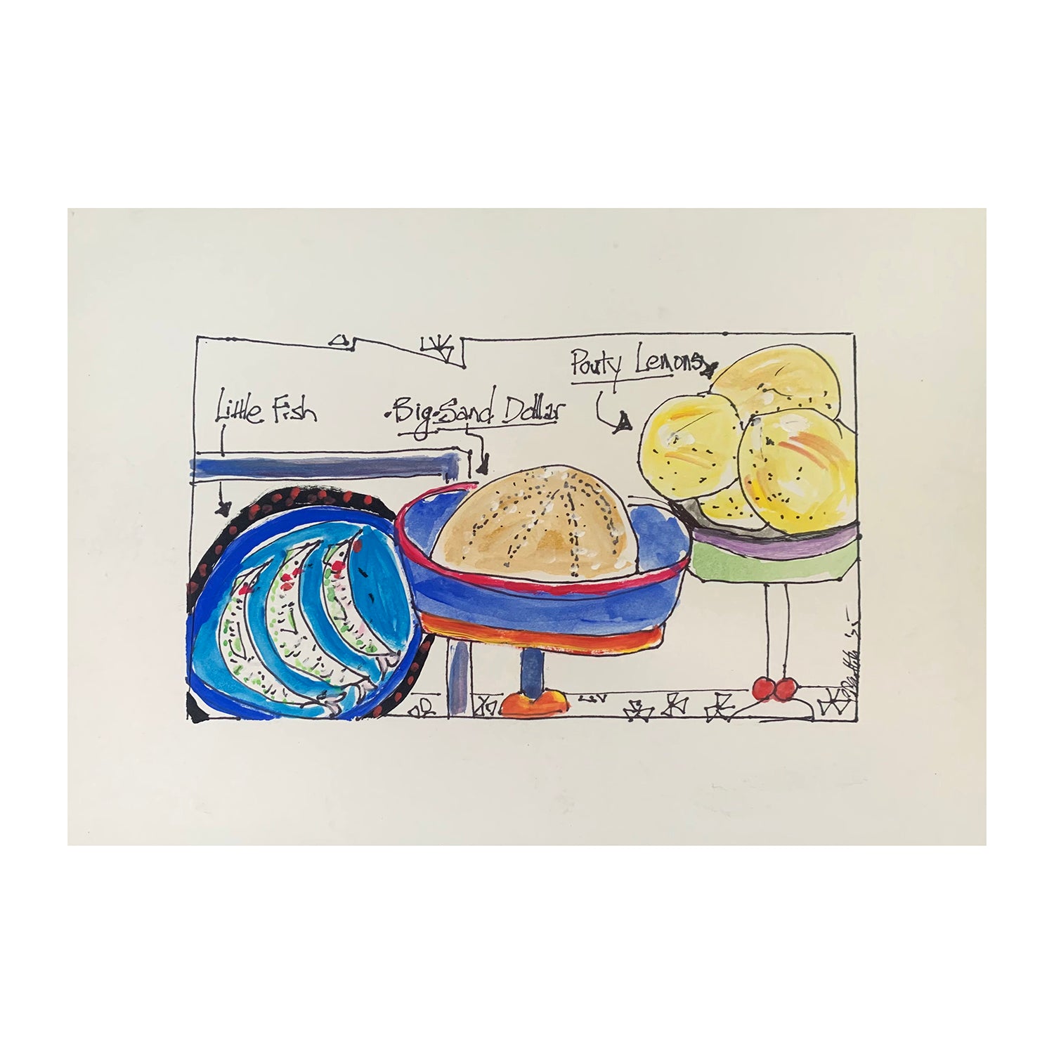Original Mixed Media Painting of Party Food, a Still Life, 7.25 x 10 inches, by Patty Pendleton