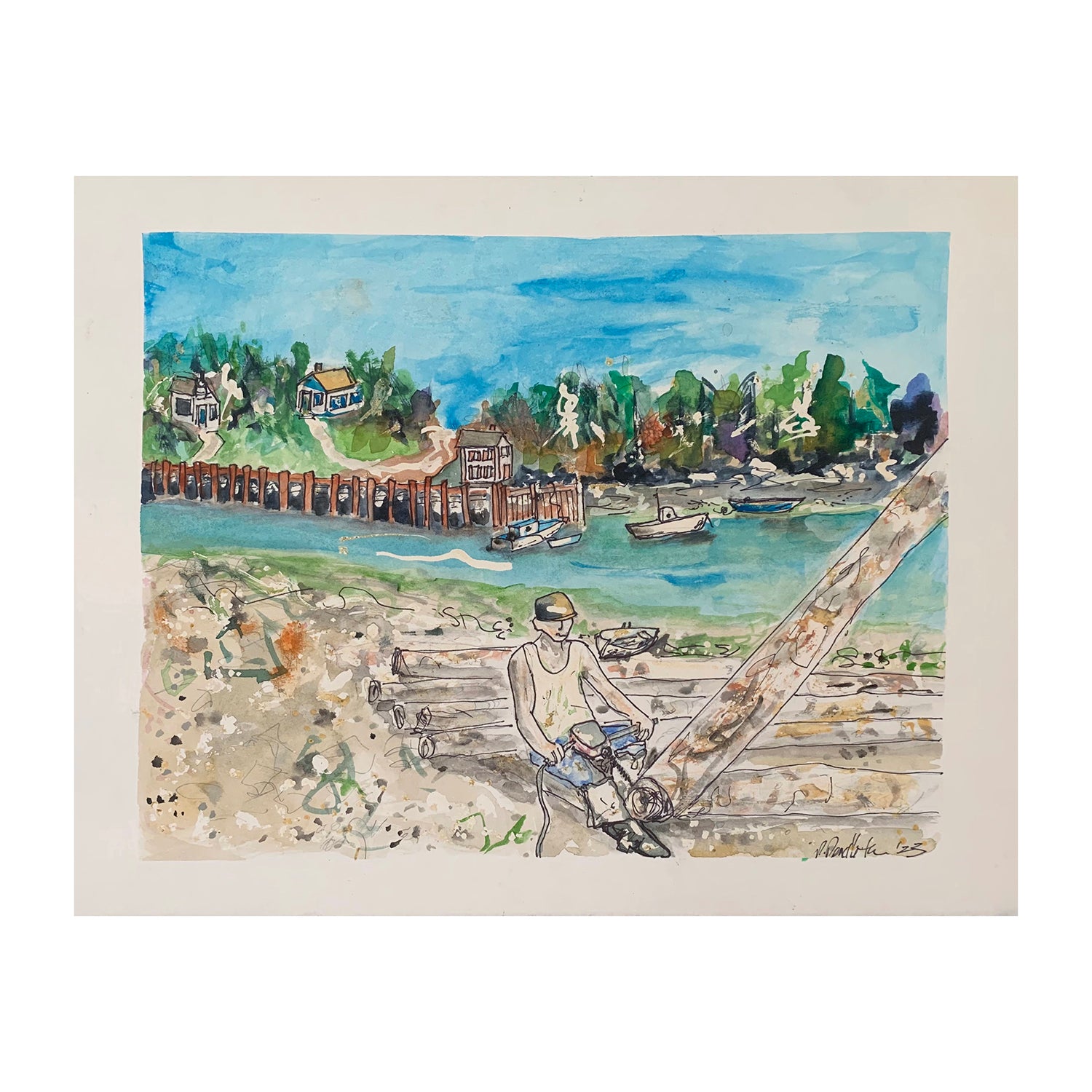 Original Mixed Media Painting of a Harborscape Featuring a Fisherman Portrait, 11.25 x 15 inches, by Patty Pendleton