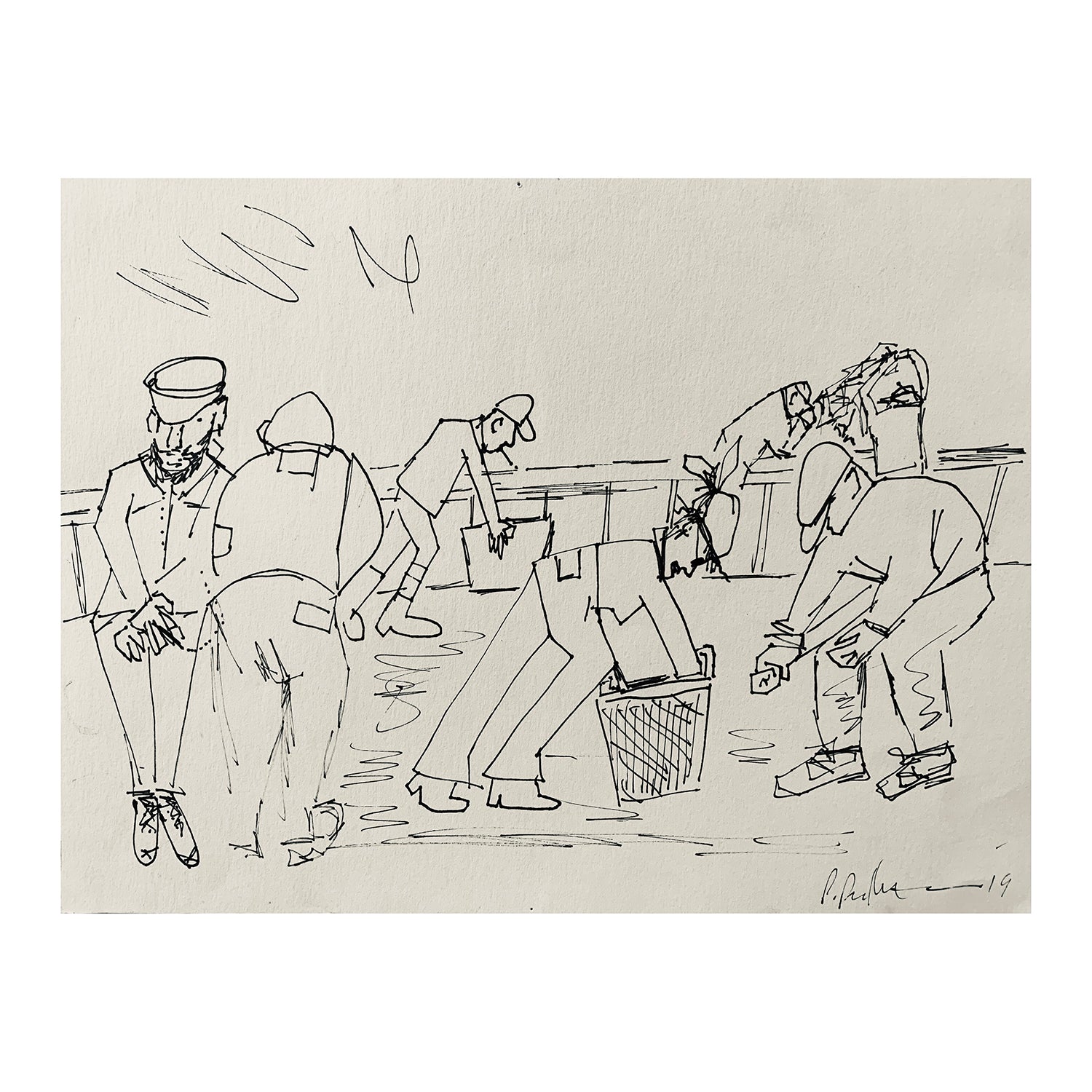 Original Pen & Ink Portrait Painting of Working Fishermen, 9 x 12 inches, by Patty Pendleton