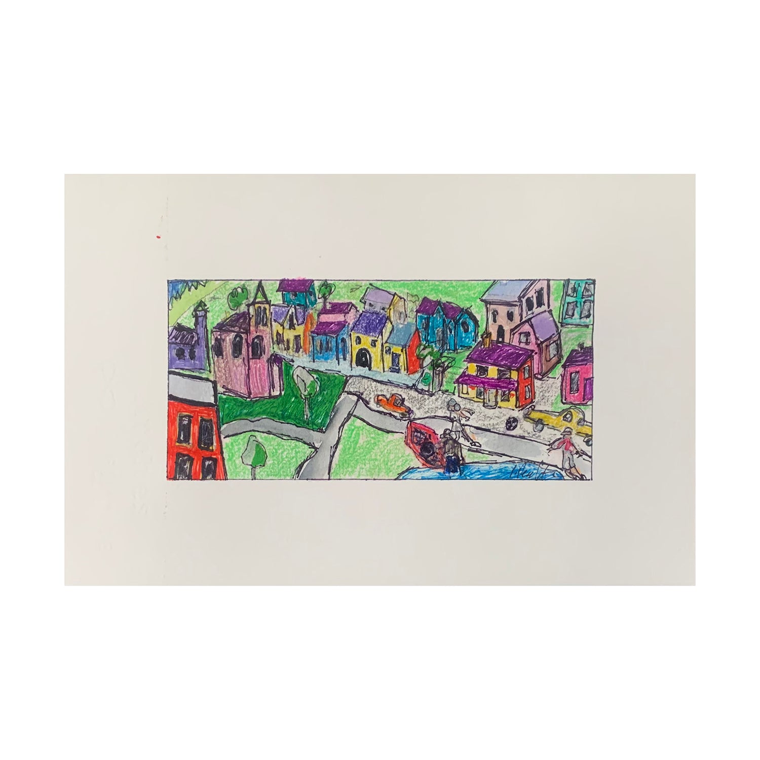 Original Mixed Media Painting of a Countryside Townscape, 7.25 x 11.25 inches, by Patty Pendleton