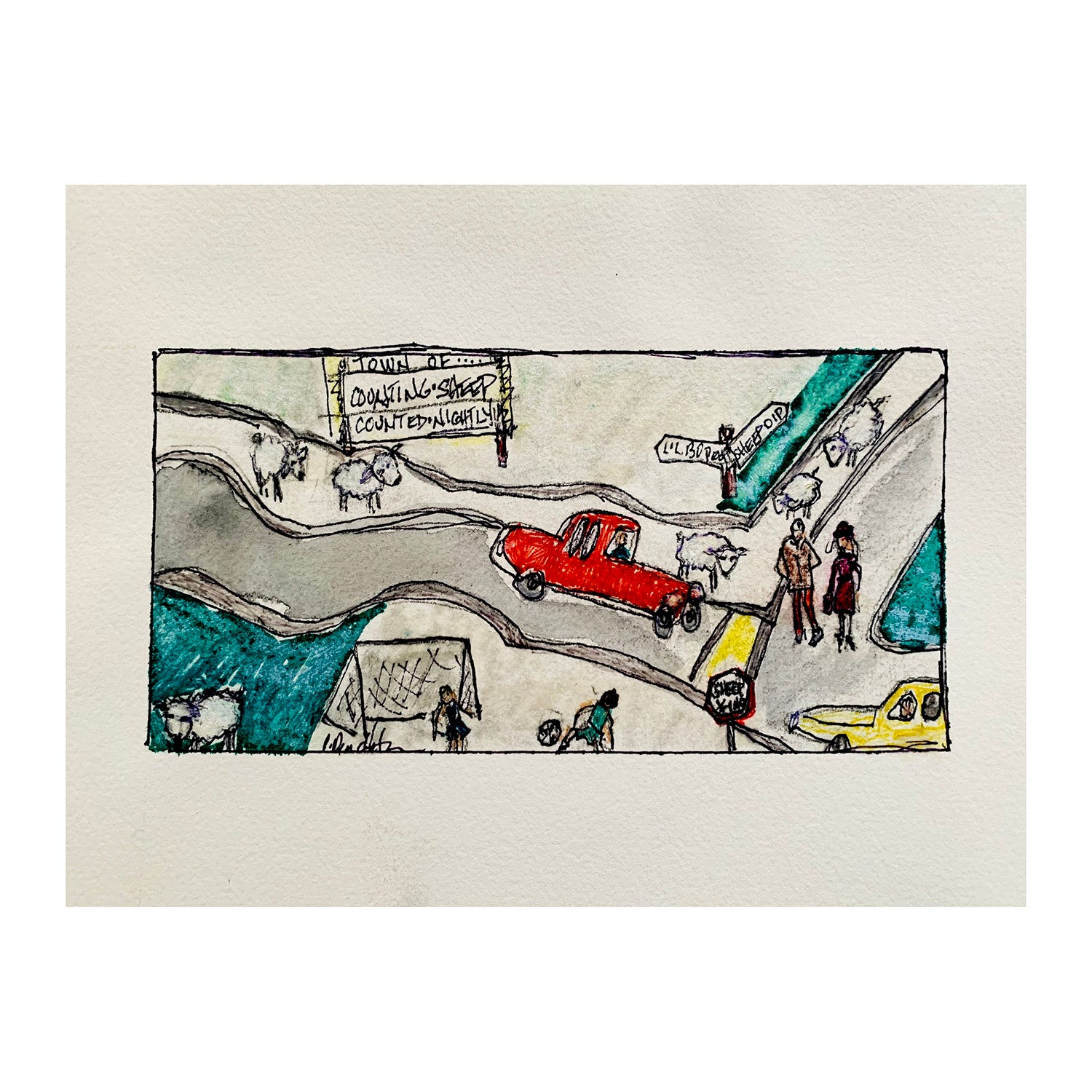 Original Mixed Media Painting of a Countryside Townscape, 7.5 x 11.25 inches, by Patty Pendleton