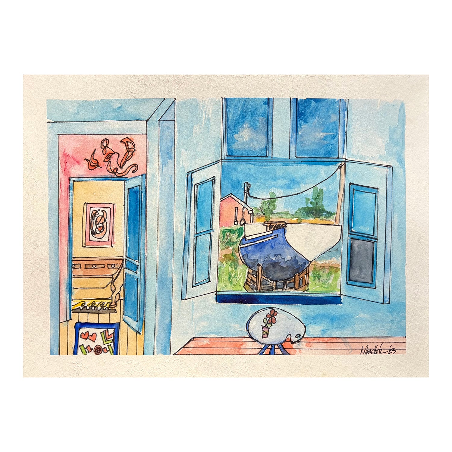 Original Mixed Media Still Life Painting of a Room Interior, 9 x 12 inches, by Patty Pendleton