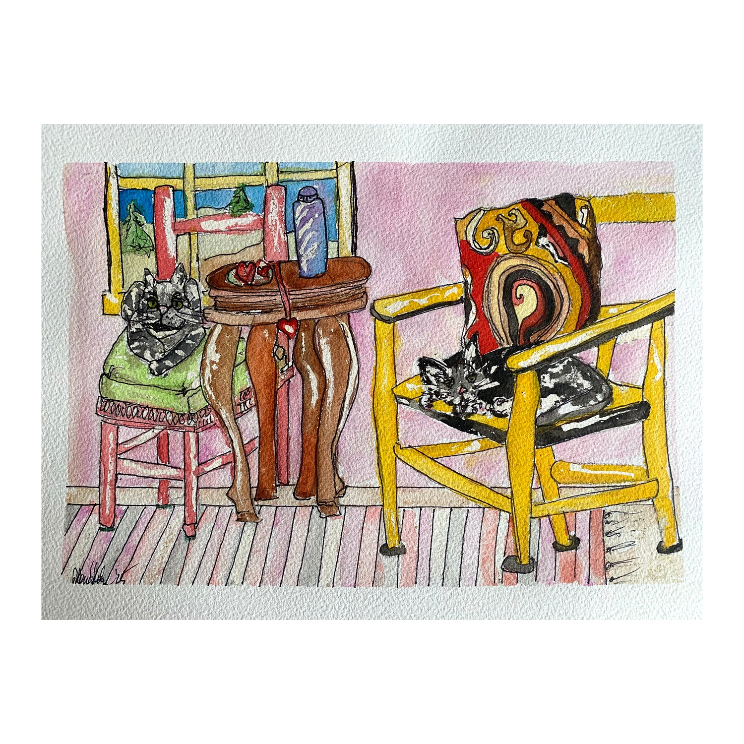 Original Mixed Media Painting of a Room Interior with Cats, 11.25 x 15 inches, by Patty Pendleton