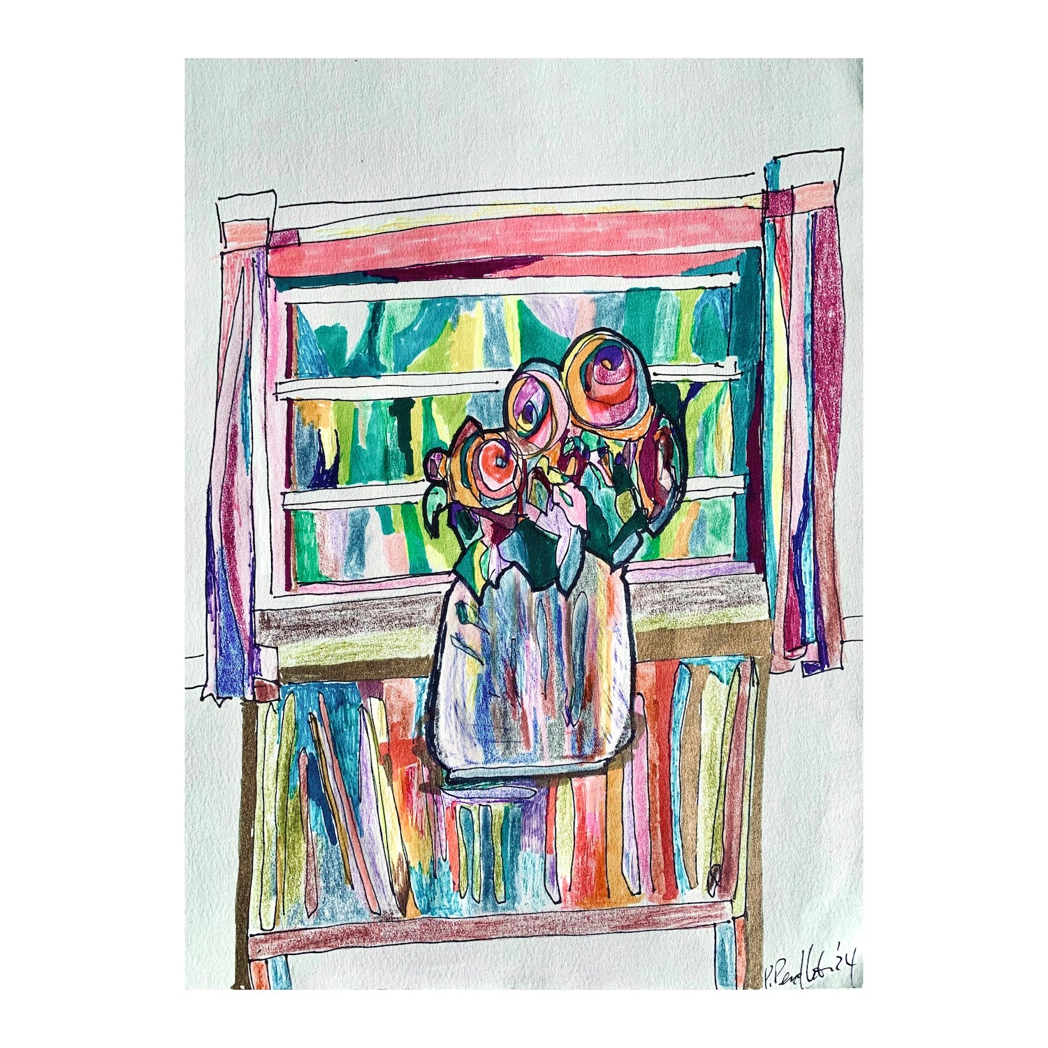 Original Mixed Media Painting of a Floral Still Life, 12 x 8.4 inches, by Patty Pendleton