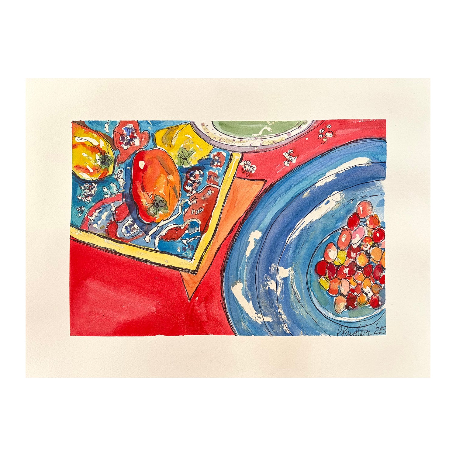 Original Mixed Media Painting of a Still Life with Red Peppers, 11.25 x 14.75 inches, by Patty Pendleton