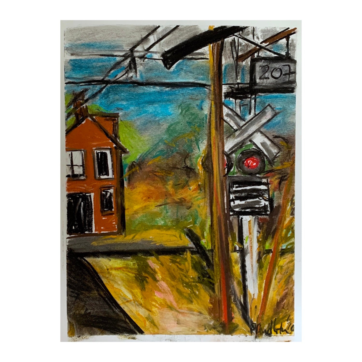 Original Pastel Painting of a Countryside Railroad Station Landscape, 17 x 12 inches, by Patty Pendleton