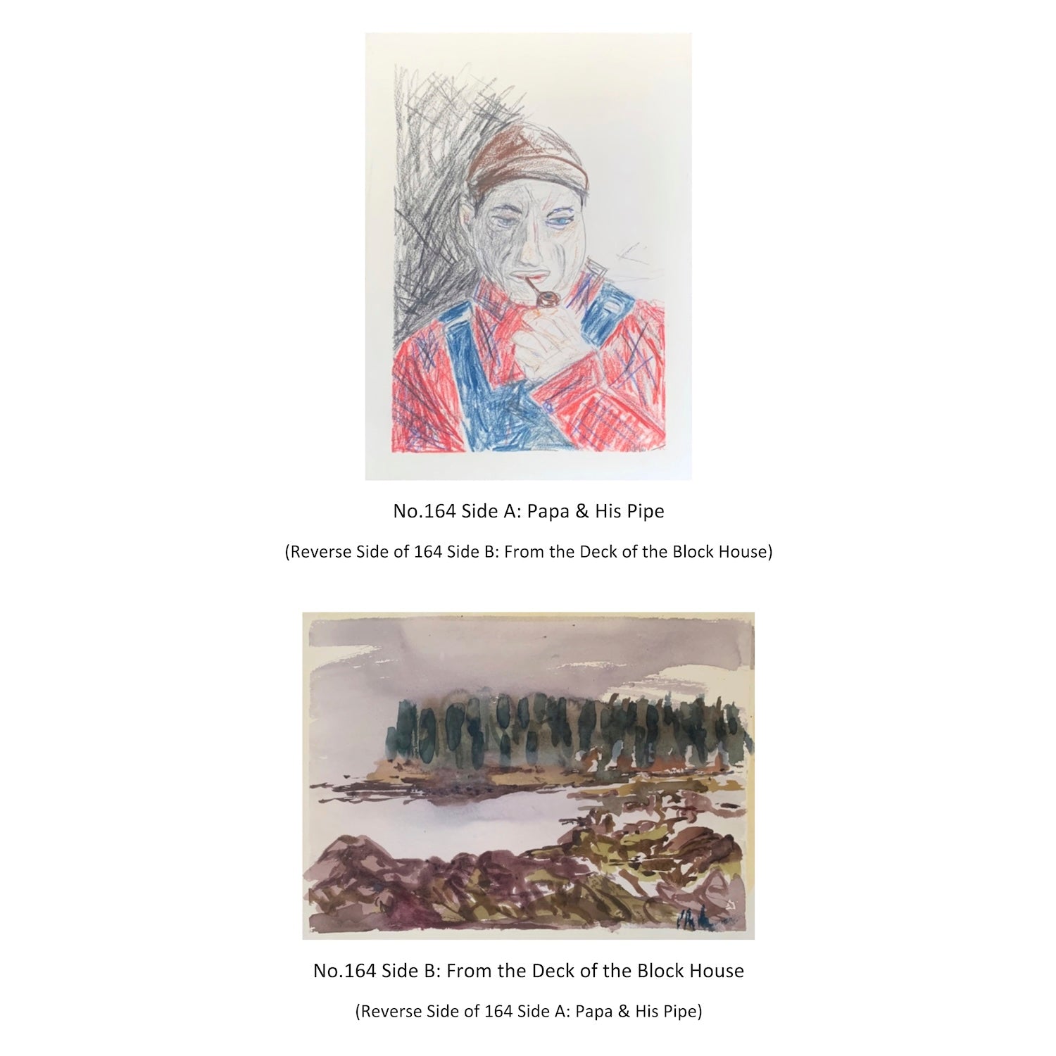 Original Double Sided Painting of a Mixed Media Fisherman's Portrait and a Watercolor Seascape, 15 x 11 inches, by Patty Pendleton