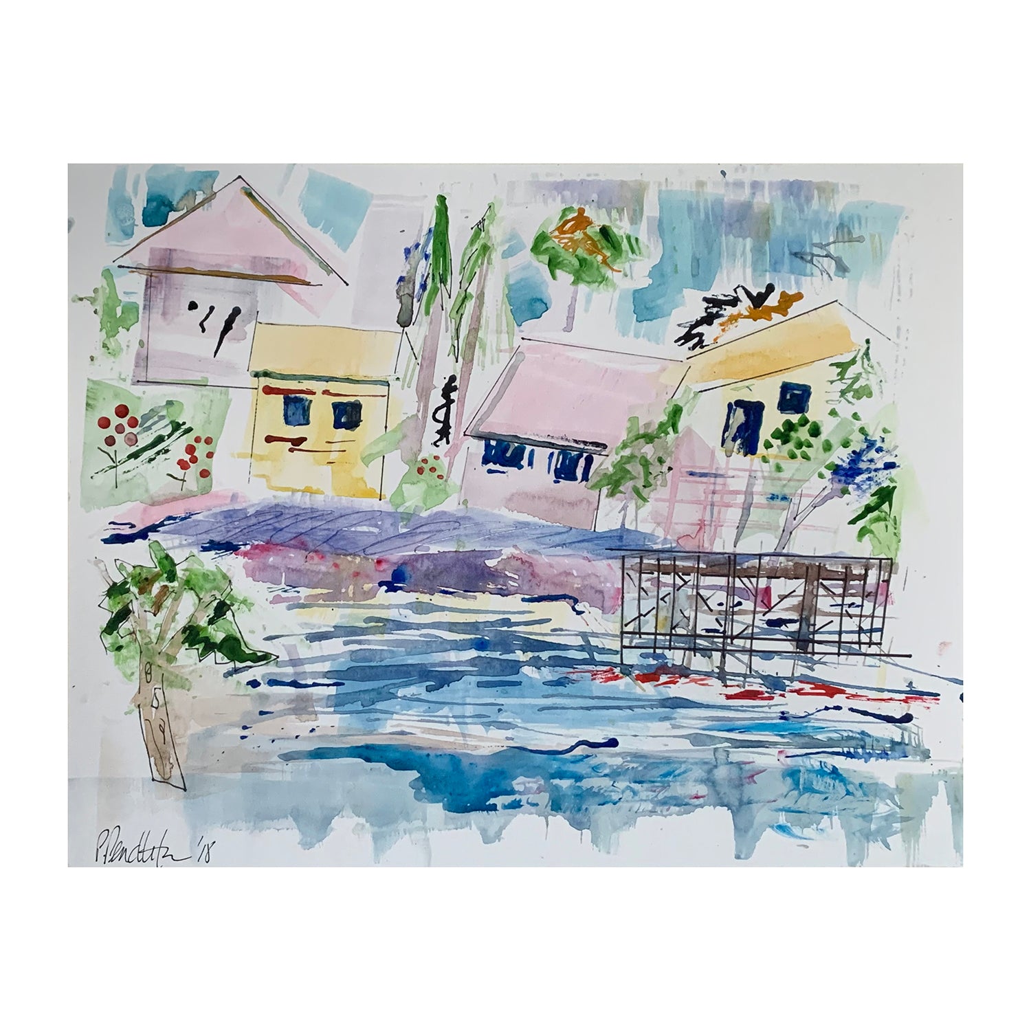 Original Watercolor Painting of a Harbor Village Lakeside Landscape, 11 x 14 inches, by Patty Pendleton