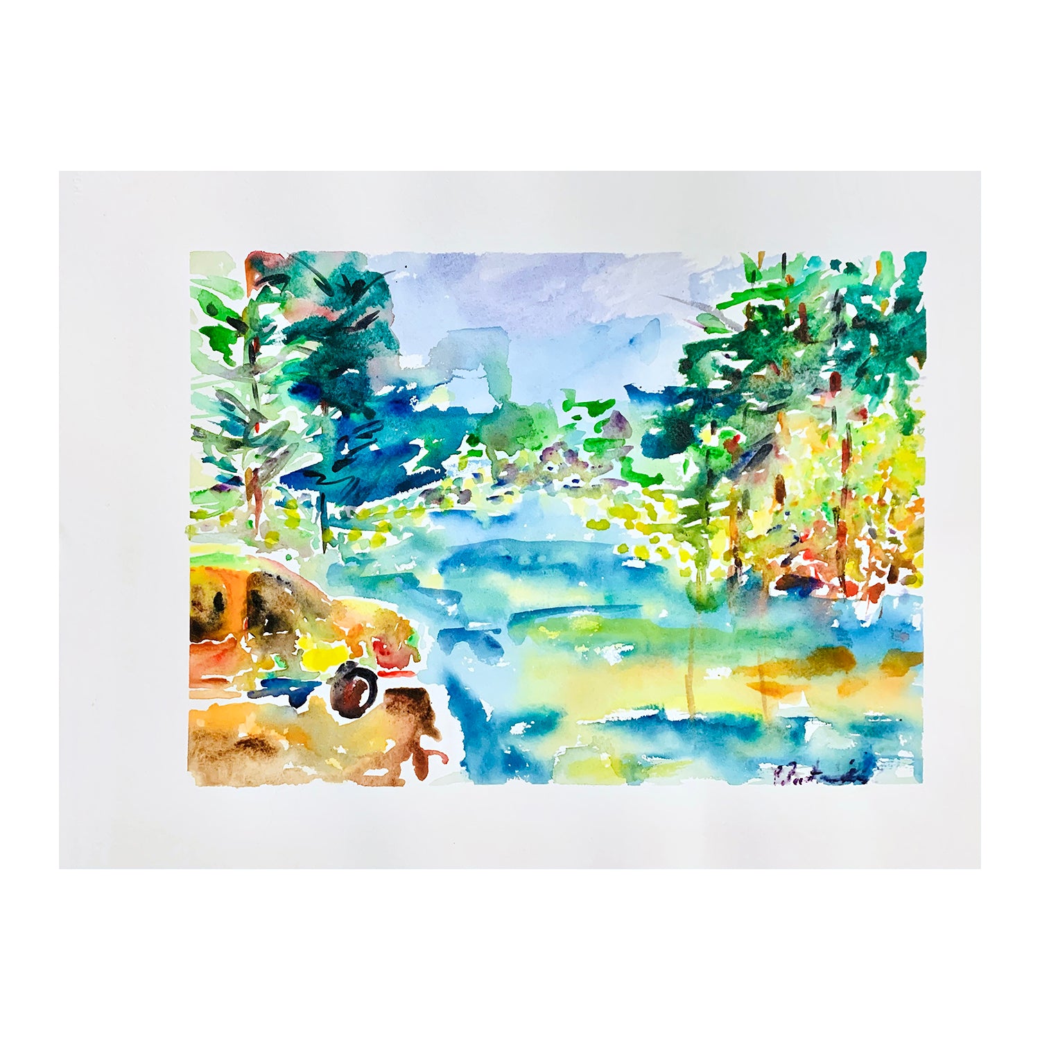 Original Watercolor Painting of a Campsite Water Landscape, 16 x 20 inches, by Patty Pendleton