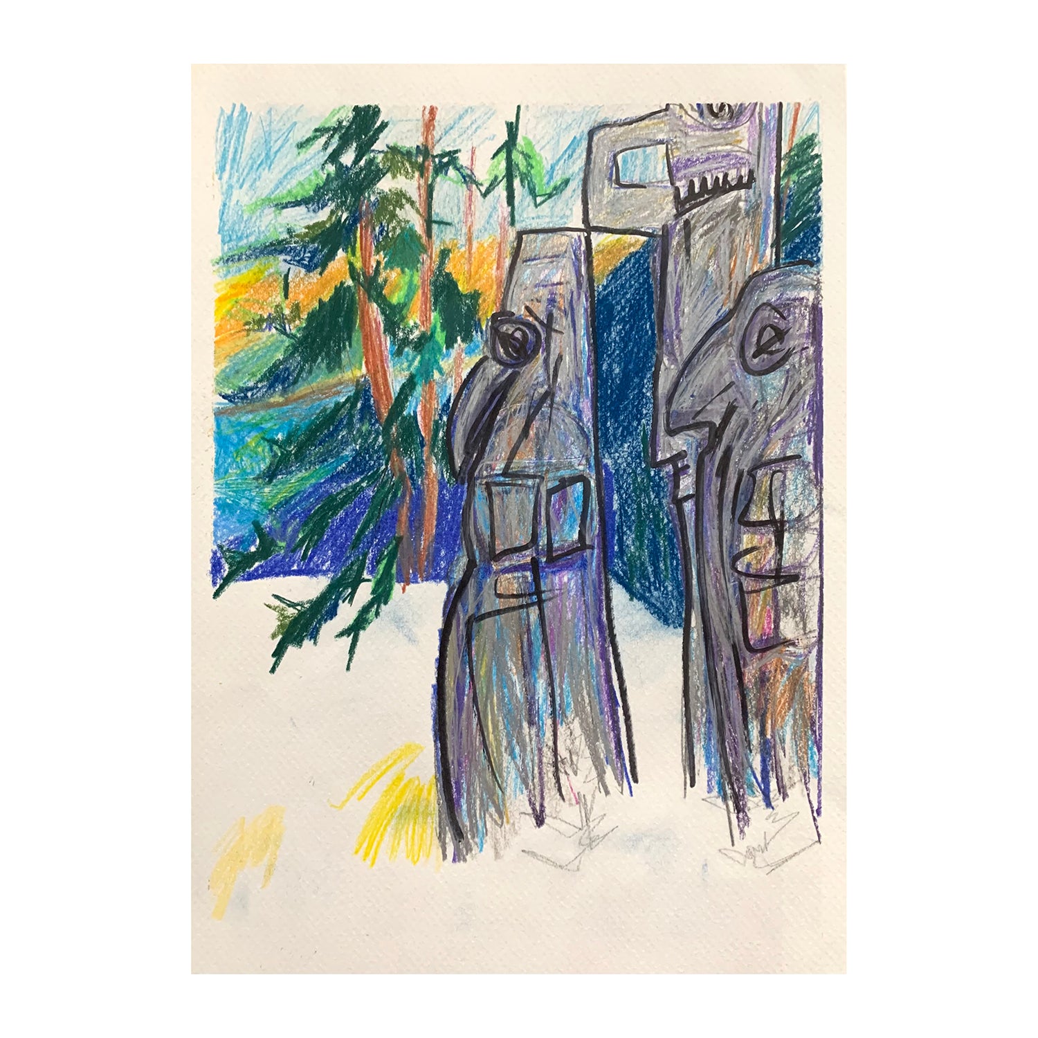 Original Mixed Media Painting of a Totem Pole  Landscape, 12 x 9 inches, by Patty Pendleton