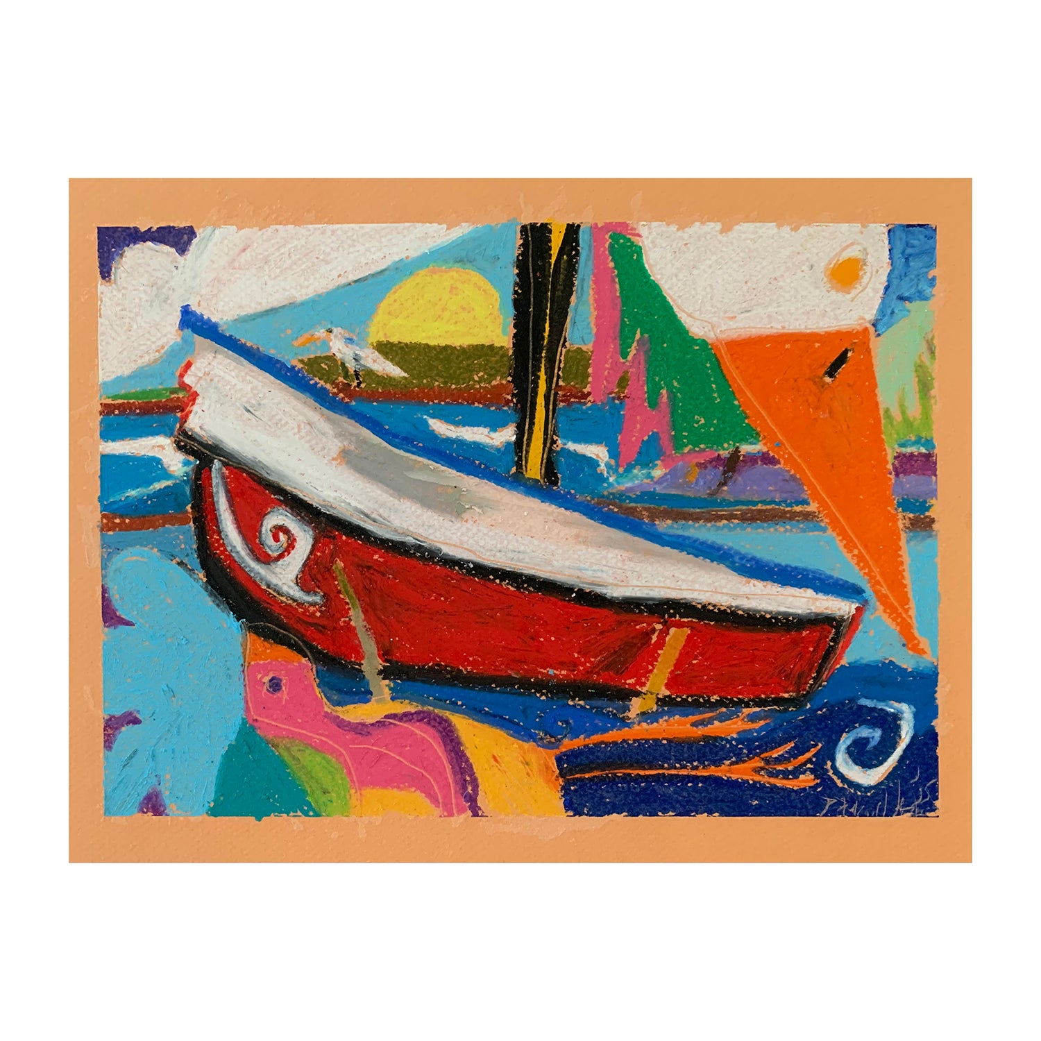 Original Oil Pastel Painting of a Seascape with Marine Animals and a Boat , 8.5 x 11 inches, by Patty Pendleton