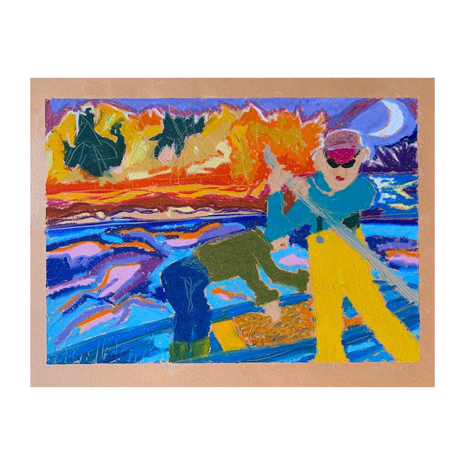 Original Oil Pastel Painting of a Fishermen in a Harbor Oceanscape, 8.5 x 11 inches, by Patty Pendleton