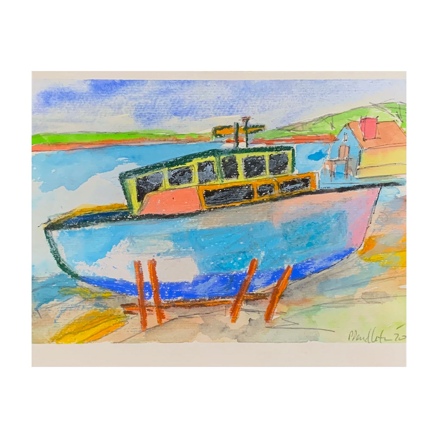 Original Mixed Media Painting of a Fishing Boat in Drydock Harborscape, 8 x 10 inches, by Patty Pendleton
