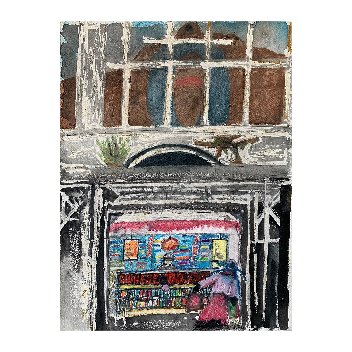 Original Mixed Media Painting of a Restaurant, 11.25 x 15 inches, by Patty Pendleton