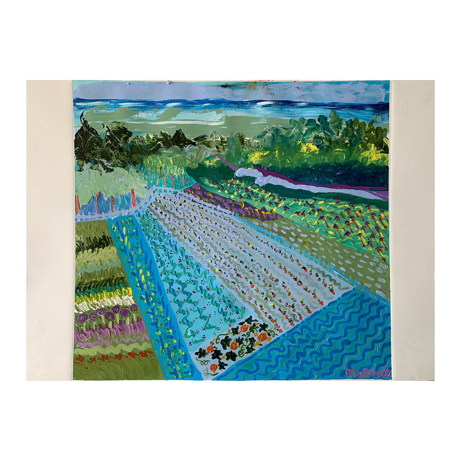 Original Acrylic Painting of a Countryside Farm Landscape by the Sea, 15 x 22.5 inches, by Patty Pendleton