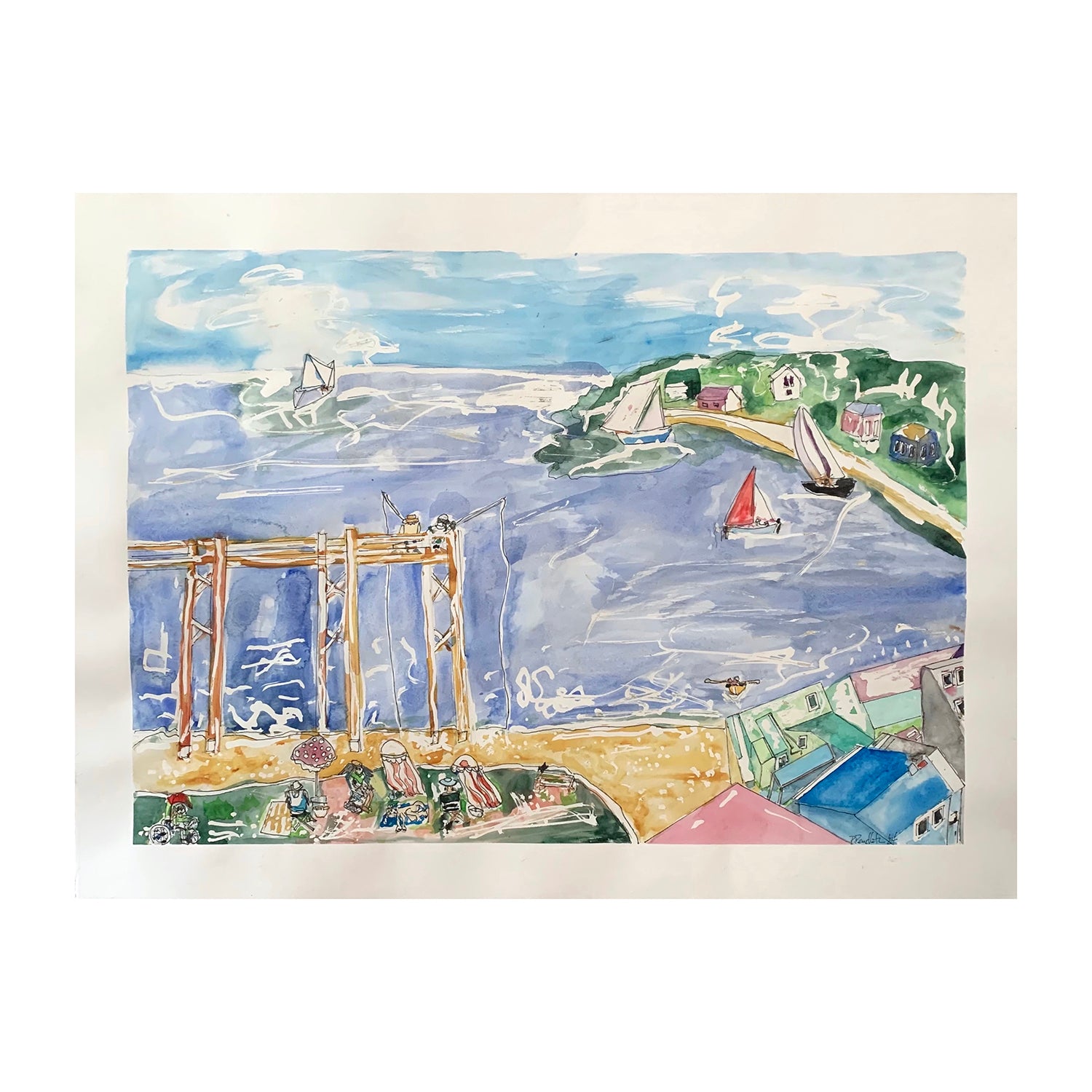 Original Mixed Media Painting of a Harbor Seascape, 22.5 x 30 inches, by Patty Pendleton