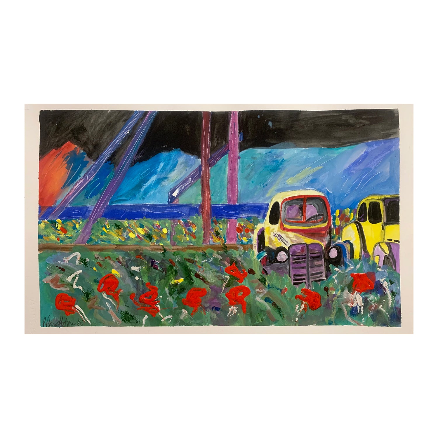 Original Gouache Painting of a Landscape with Parked Cars, 15.25 x 22.5 inches, by Patty Pendleton