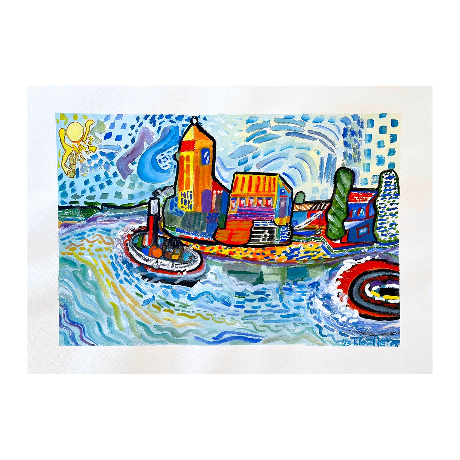 Original Watercolor Painting of a Harbor Oceanscape, 22.5 x 30.5 inches, by Patty Pendleton
