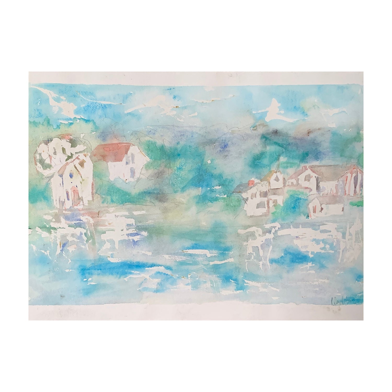 Original Watercolor Painting of a Harbor Townscape, 15 x 20 inches, by Patty Pendleton