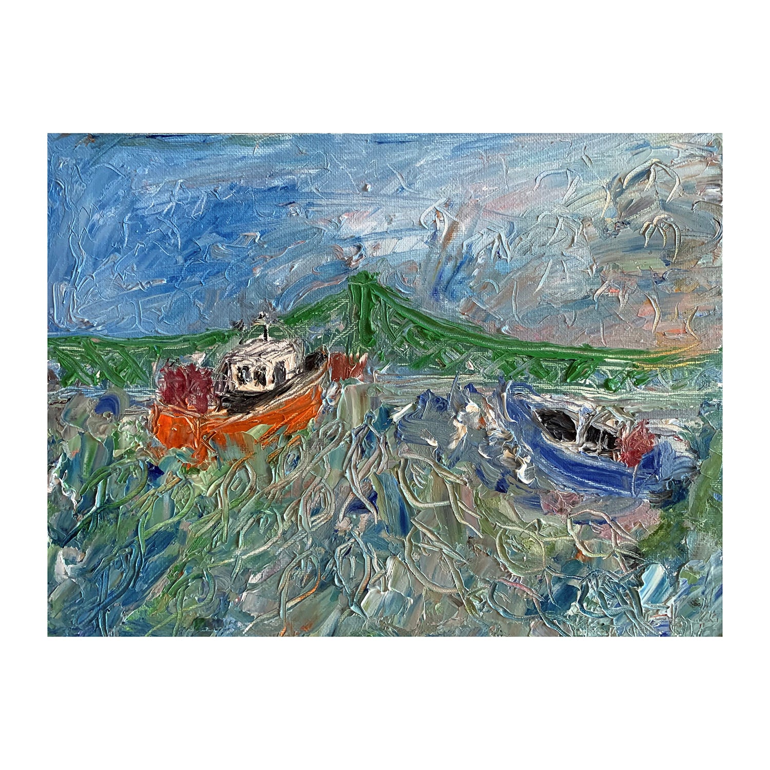Original Acrylic Painting of Fishing Boats in an Oceanscape, 9 x 12 inches, by Patty Pendleton