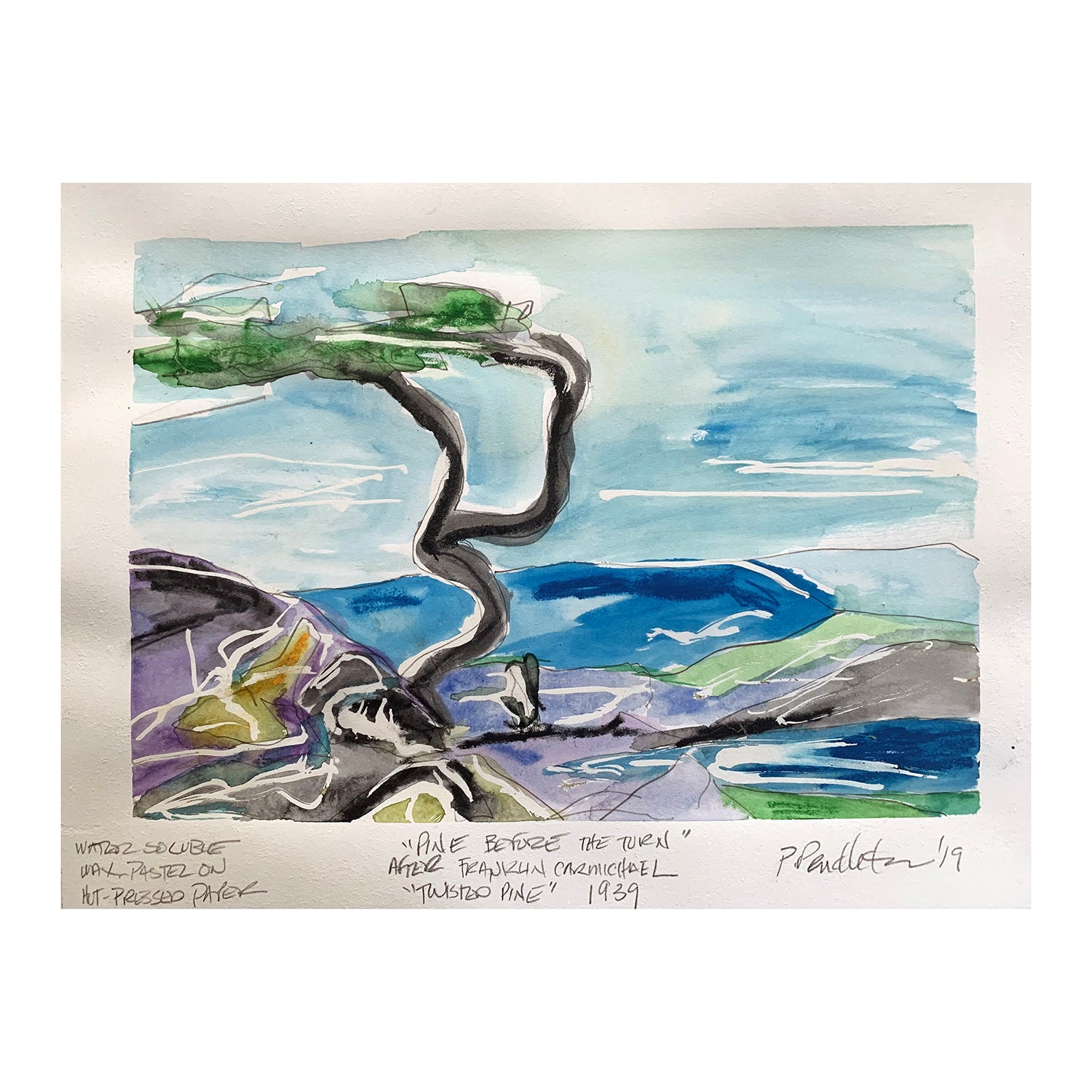 Original Wax Pastel Painting of a Pine Tree in a Landscape , 11.5 x 14.9 inches, by Patty Pendleton