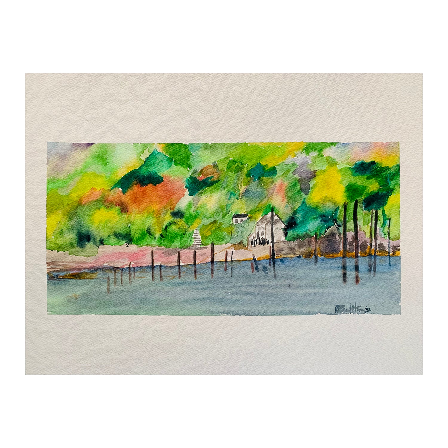 Original Watercolor Painting of a Forested Harbor Townscape, 12.5 x 16.25 inches, by Patty Pendleton