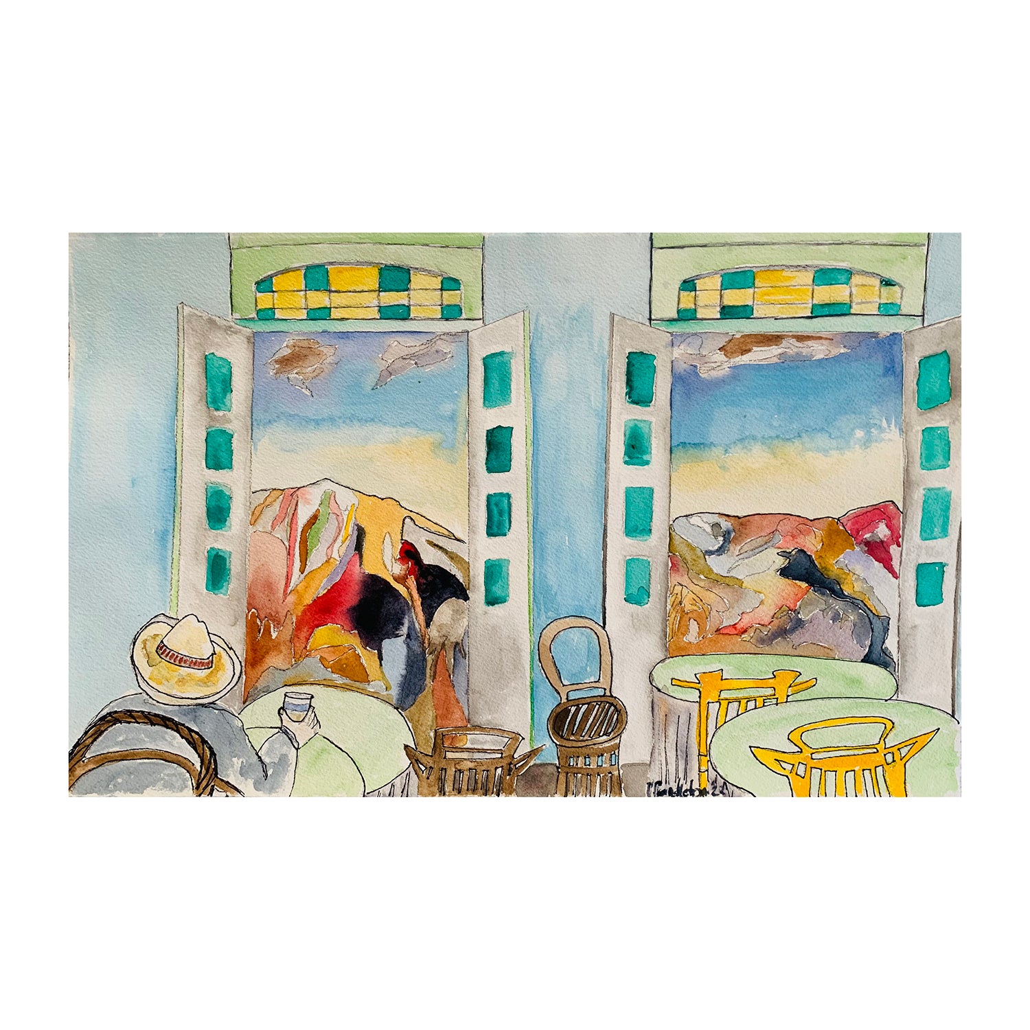 Original Mixed Media Portrait Painting of a Man in a Restaurant Interior, 10.25 x 16 inches, by Patty Pendleton