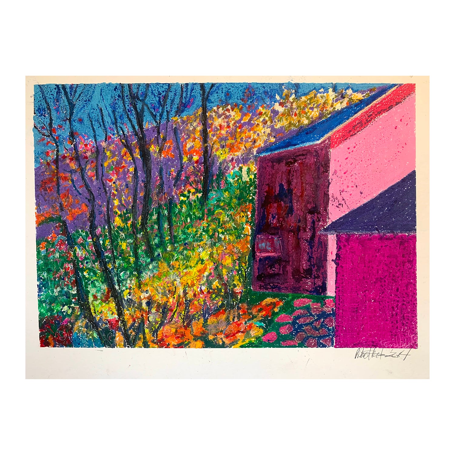 Original Oil Pastel Painting of a House in a Landscape, 22.75 x 30 inches, by Patty Pendleton