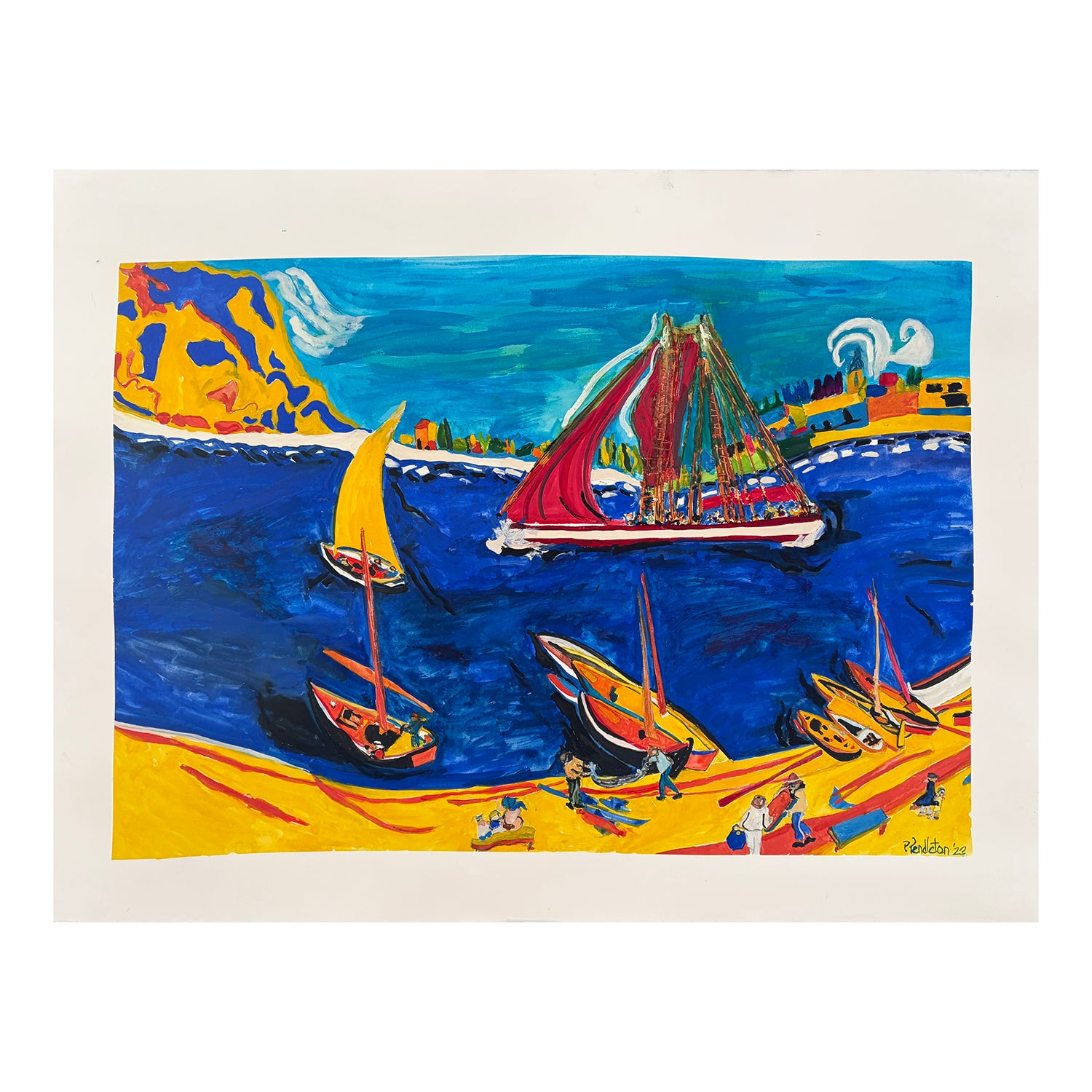 Original Mixed Media Painting of a Sailboat in a Harbor Seascape, 22.5 x 30 inches, by Patty Pendleton