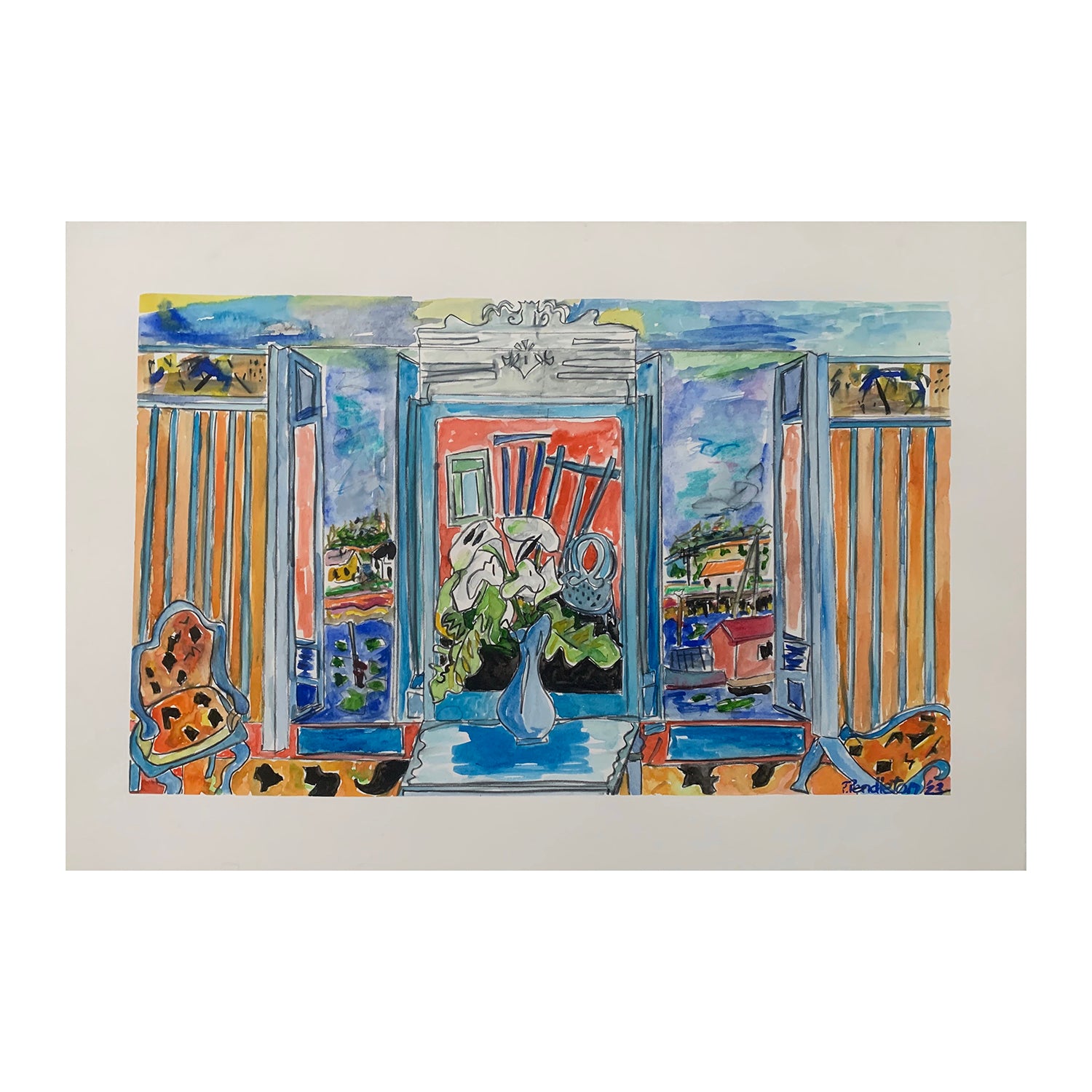 Original Mixed Media Painting of an Interior with a Still Life and Landscape, 15 x 22.5 inches, by Patty Pendleton