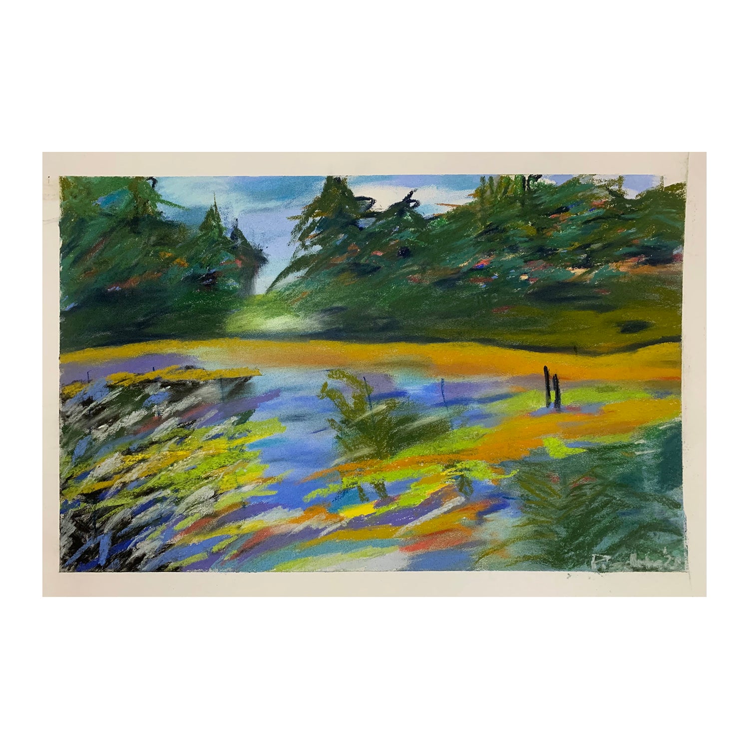 Original Soft Pastel Painting of a Water Forest Landscape, 15 x 22 inches, by Patty Pendleton