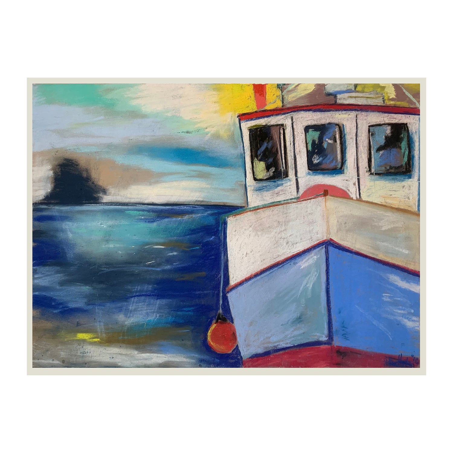 Original Soft Pastel Painting of a Whale Watching Boat at Sea, 22 x 30 inches, by Patty Pendleton
