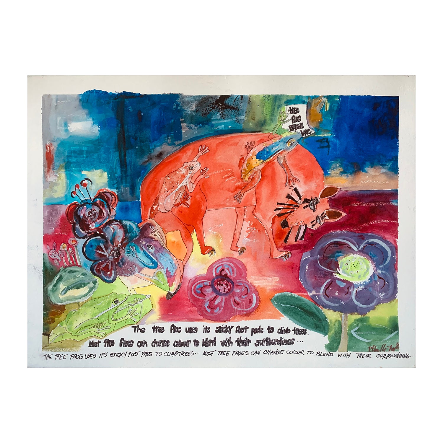 Original Mixed Media Painting of an Animal Gardenscape, 22.5 x 30 inches, by Patty Pendleton