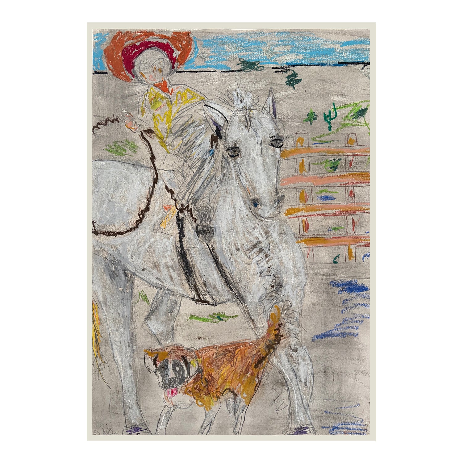 Original Mixed Media Portrait Painting of a Cowboy on his Horse, 27.5 x 19.5 inches, by Patty Pendleton