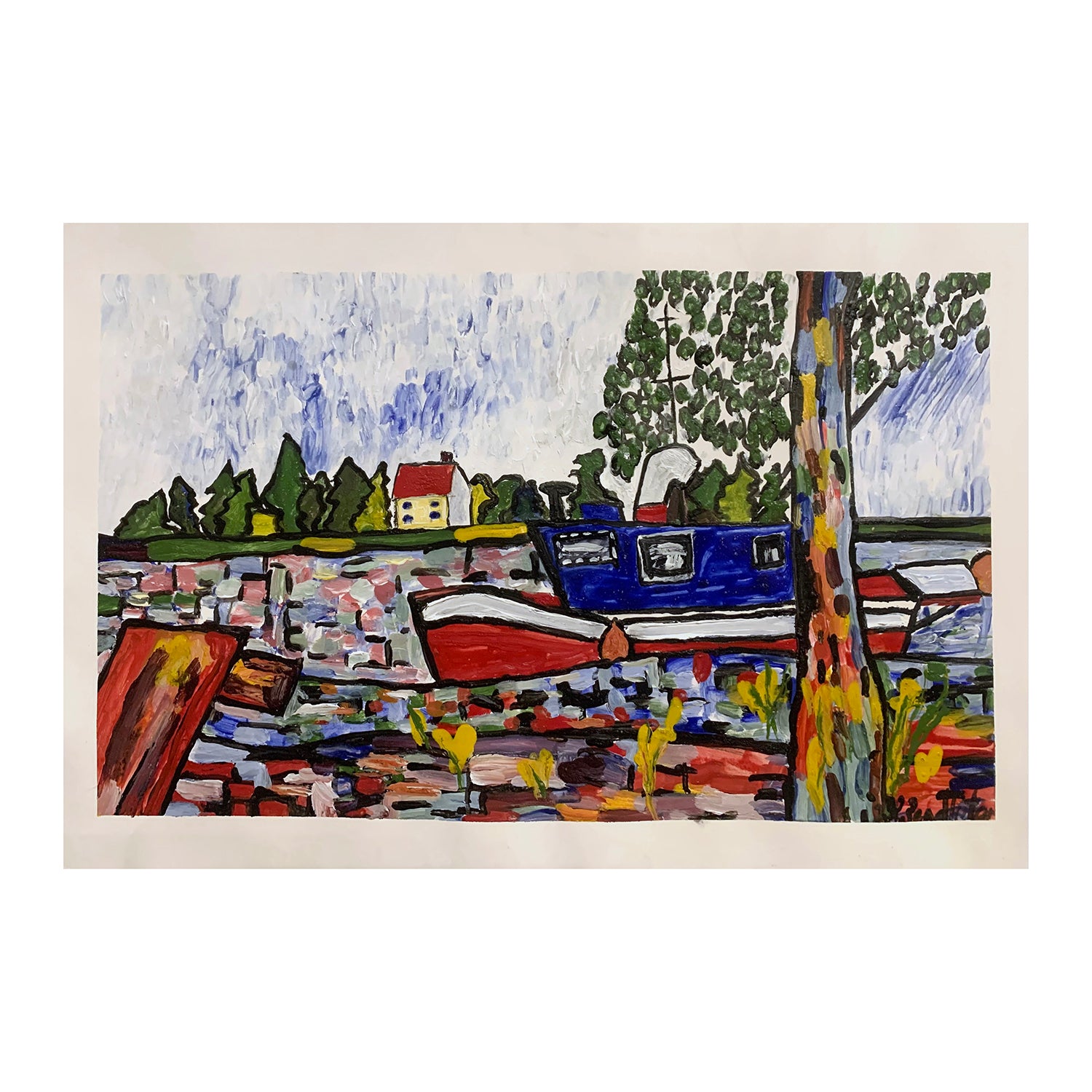 Original Mixed Media Painting of a Tugboat in a Wharfside Landscape, 15 x 22.5 inches, by Patty Pendleton