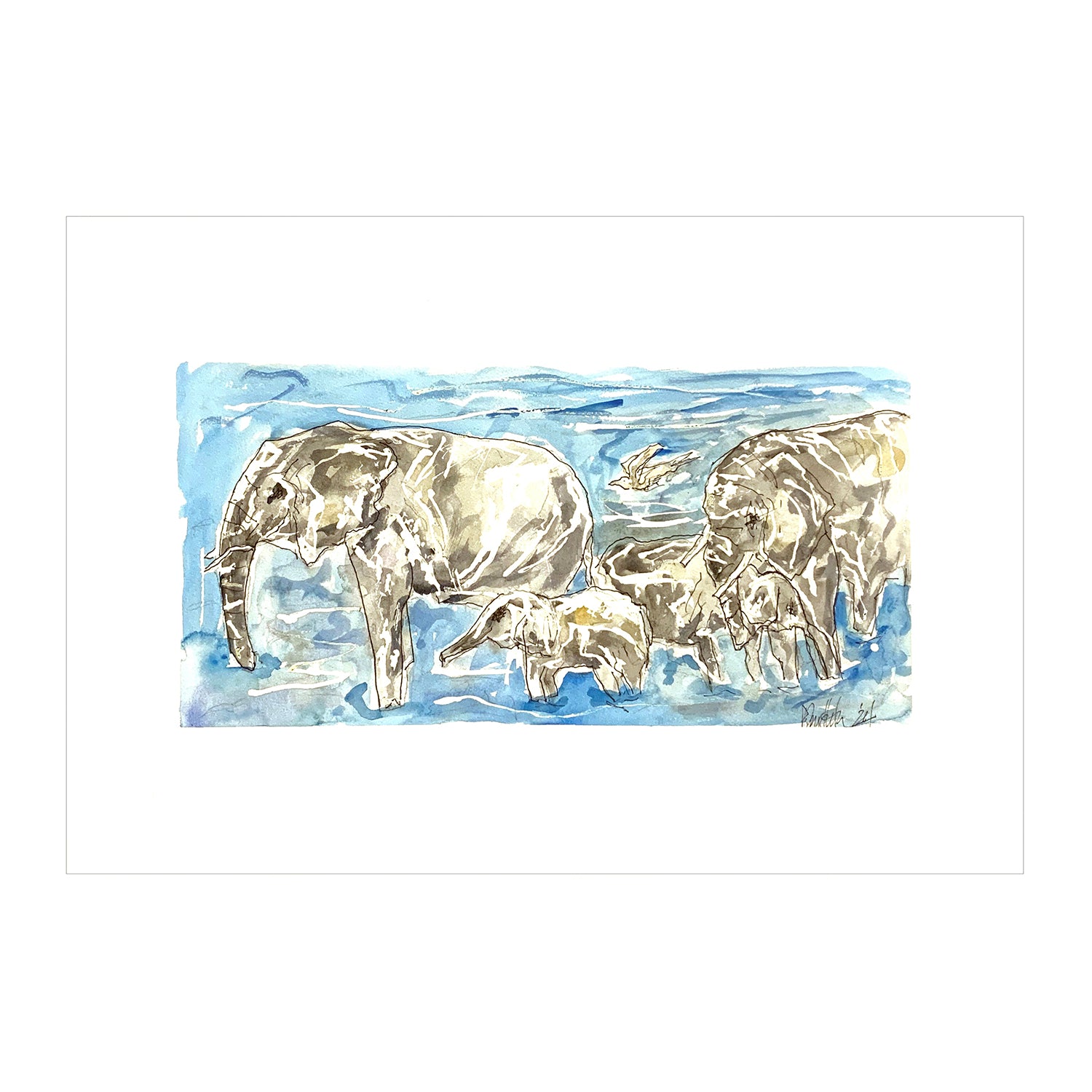 Original Mixed Media Portrait Painting of an Elephant Herd in Water, 15 x 22.5 inches, by Patty Pendleton