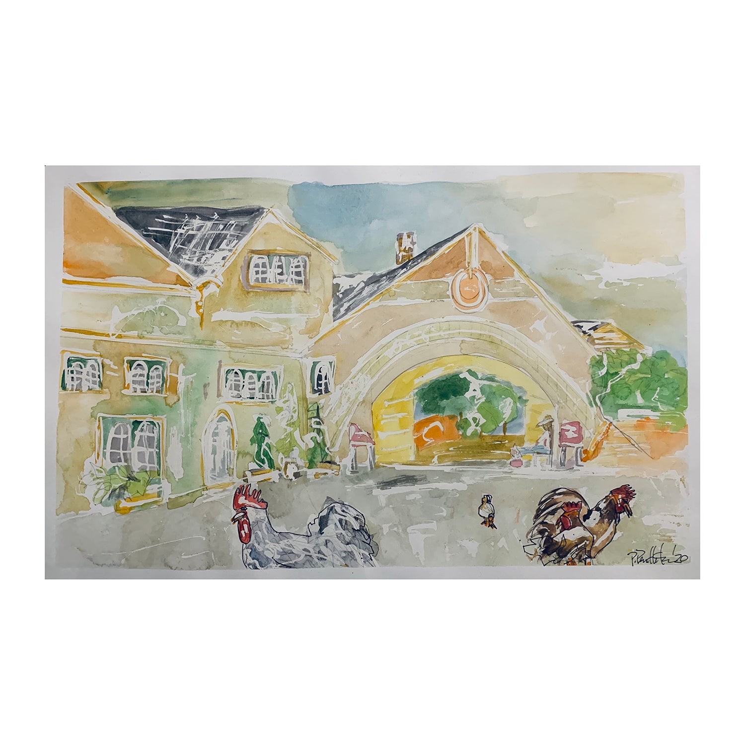 Original Watercolor Painting of a Countryside Farm House, 15 x 22.6 inches, by Patty Pendleton