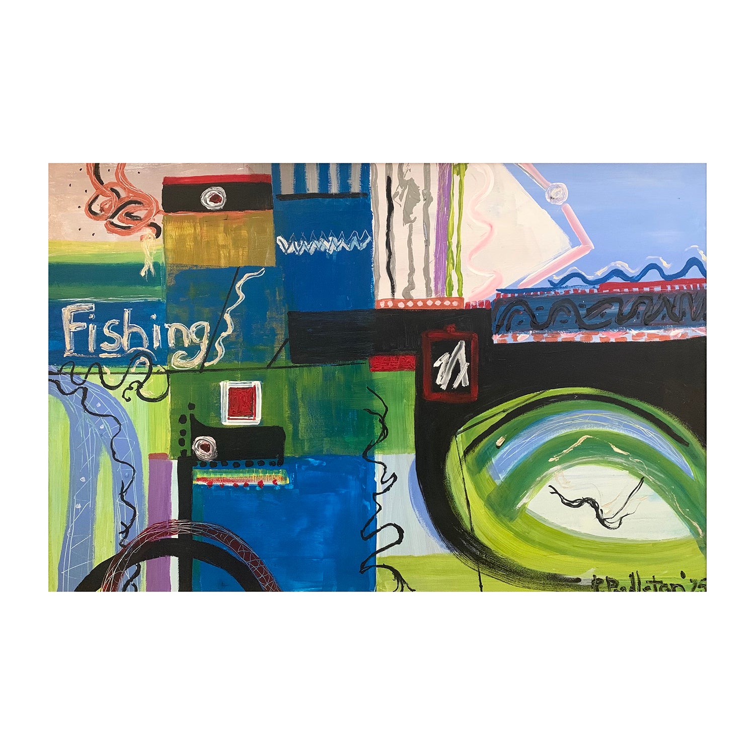Original Acrylic Painting of a Fishing Themed Abstract, 24 x 36 inches, by Patty Pendleton