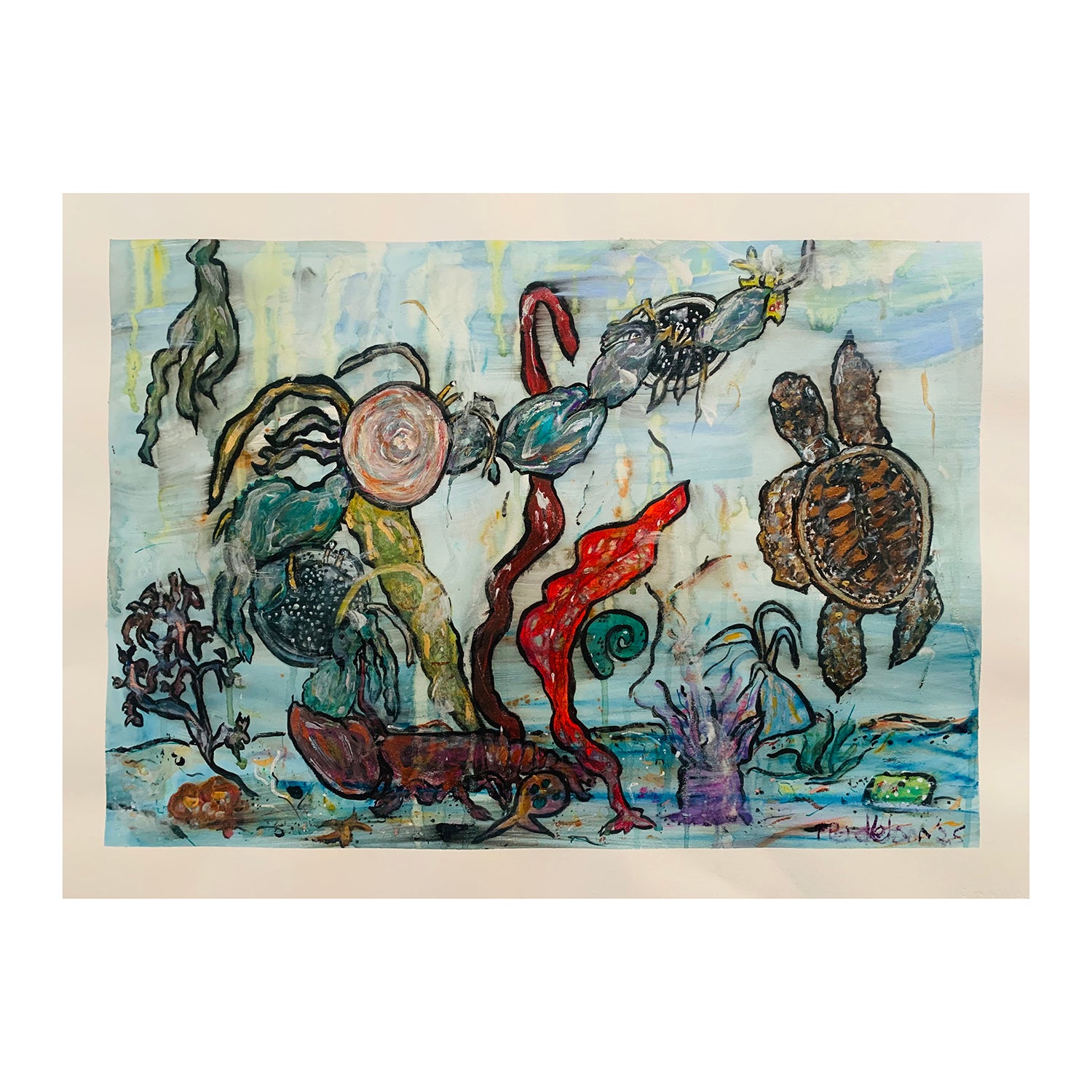 Original Mixed Media Painting of Marine Animals Undersea, 22.4 x 29.75 inches, by Patty Pendleton