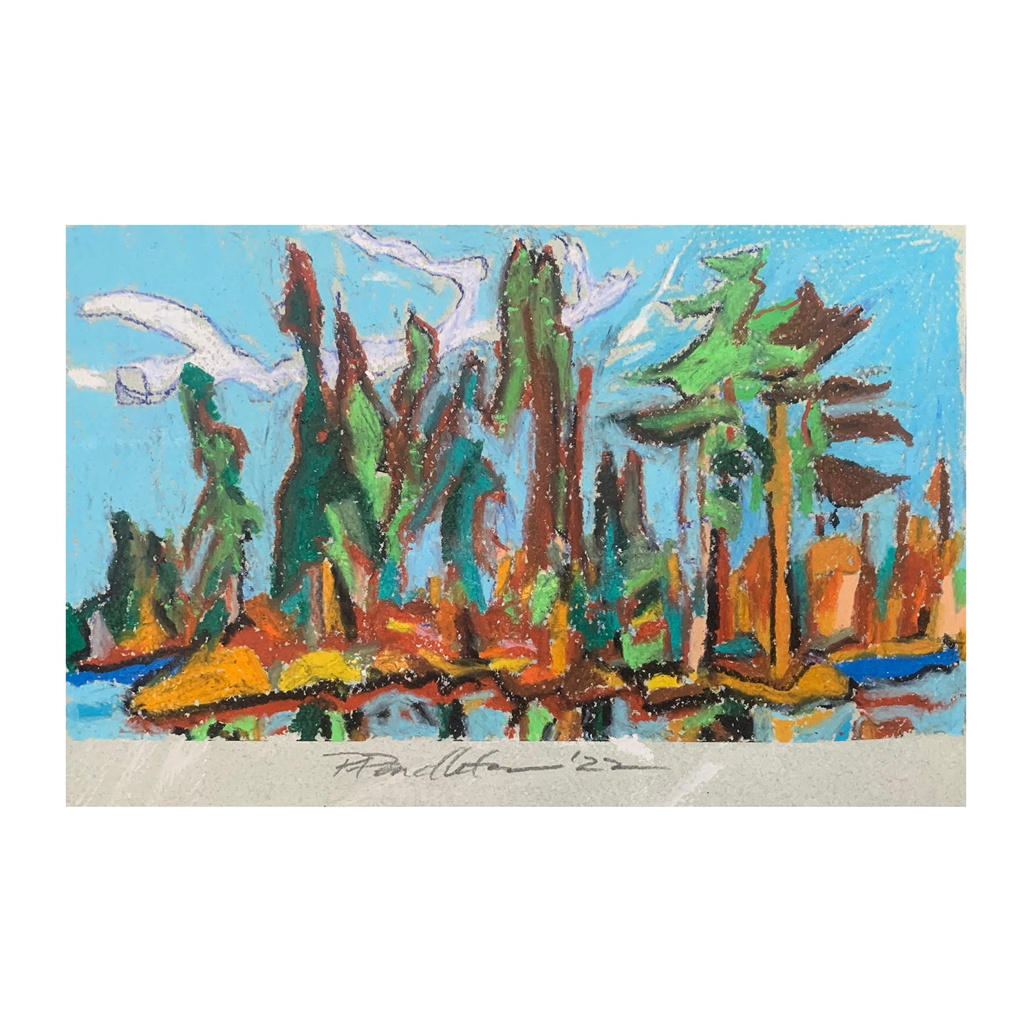 Original Oil Pastel Painting of a Forested Water Landscape, 6.4 x 9.75 inches, by Patty Pendleton