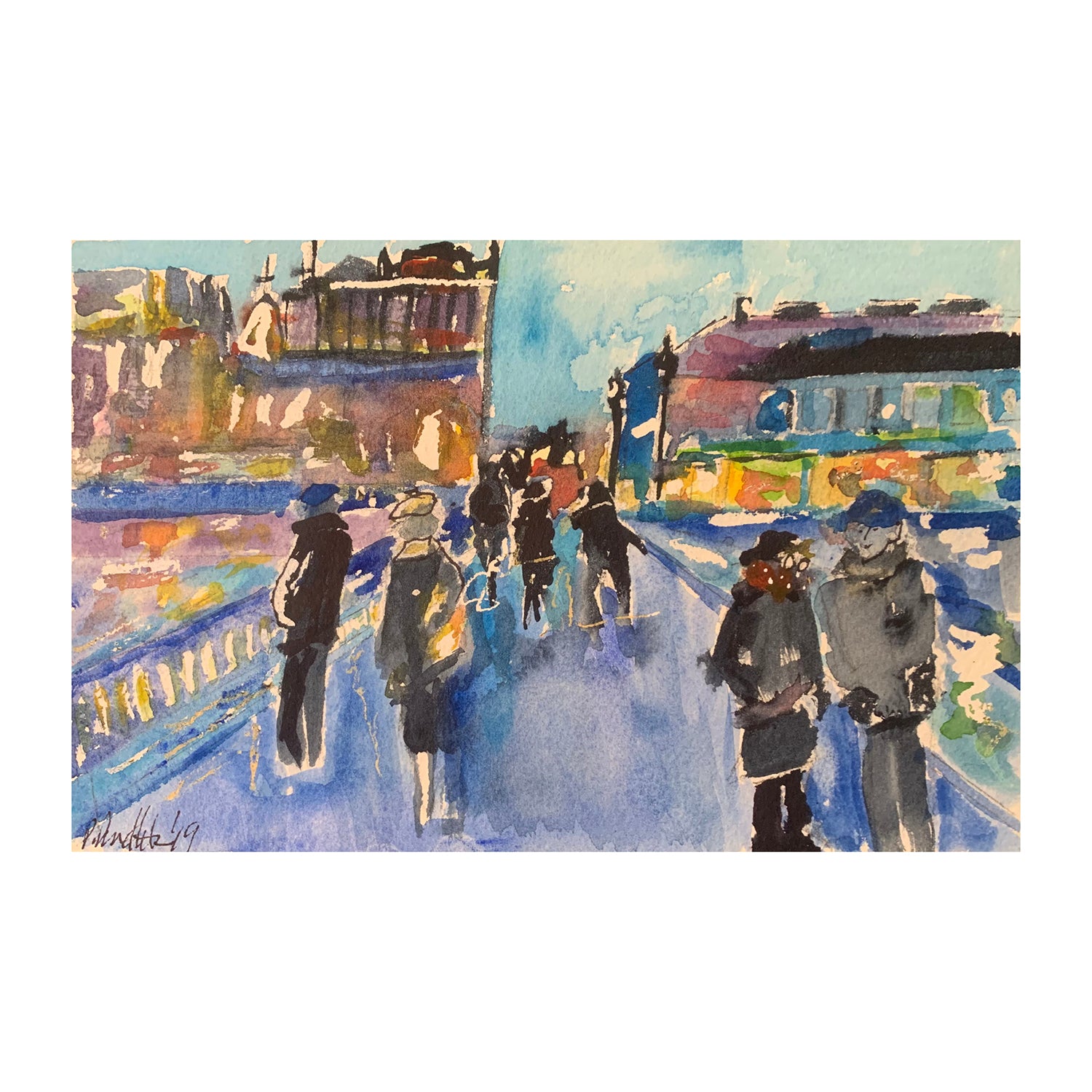 Original Watercolor Painting of an Evening Cityscape, 5.5 x 8.4 inches, by Patty Pendleton