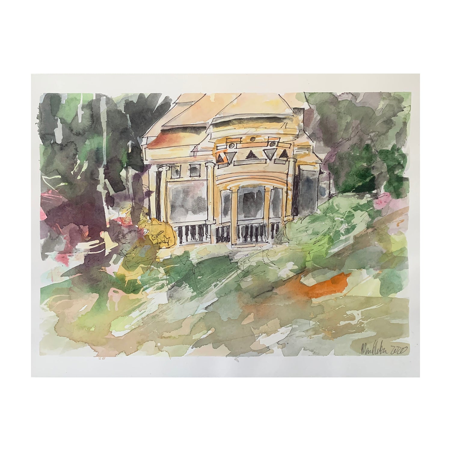 Original Mixed Media Painting of a Gazebo in a Landscape, 11 x 14 inches, by Patty Pendleton