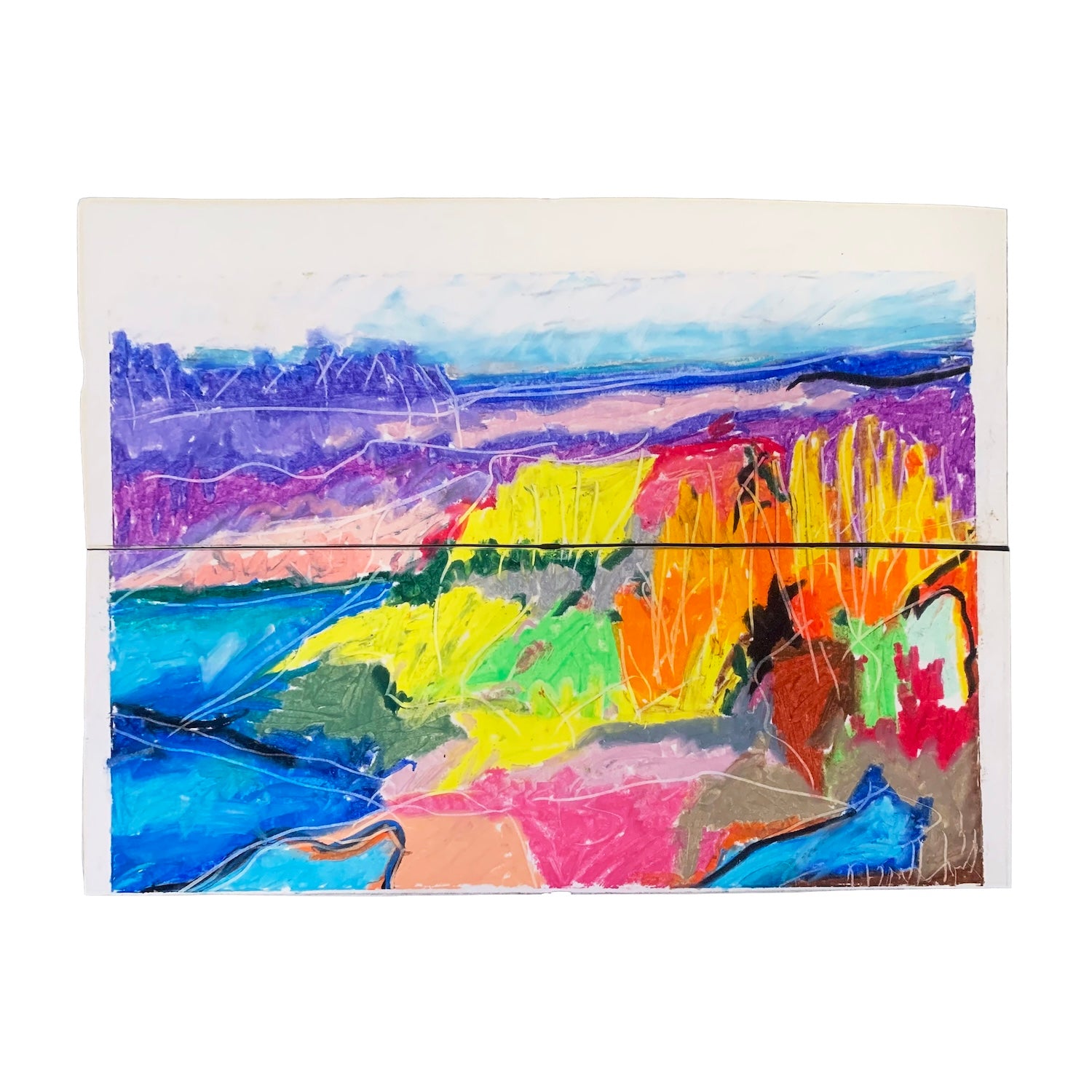Original Diptych Oil Pastel Painting of an Abstracted Ocean Landscape, 8 x 11 inches, by Patty Pendleton