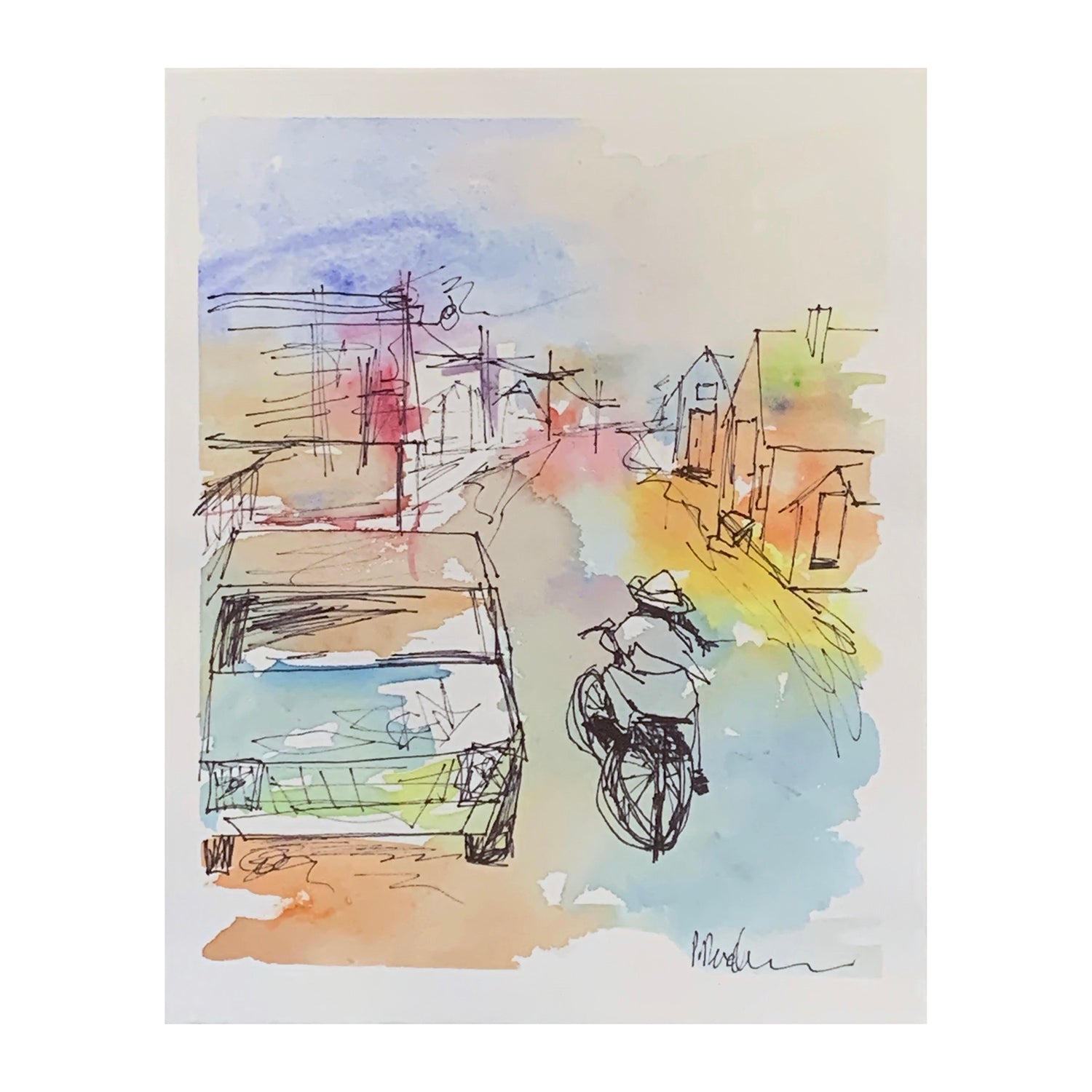 Original Mixed Media Painting of a Townscape, 10 x 8 inches, by Patty Pendleton