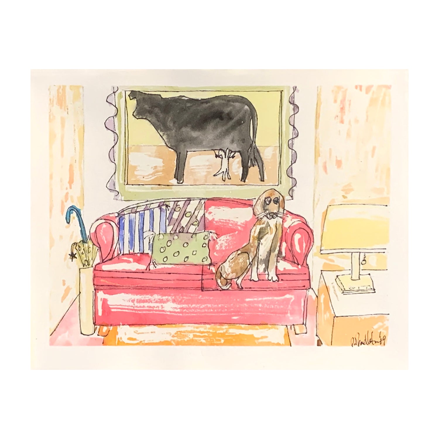 Original Mixed Media Painting of a Room Interior with Animals, 8 x 10 inches, by Patty Pendleton